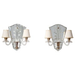 French Wall Lights, circa 1940, Cut and Etched Mirror
