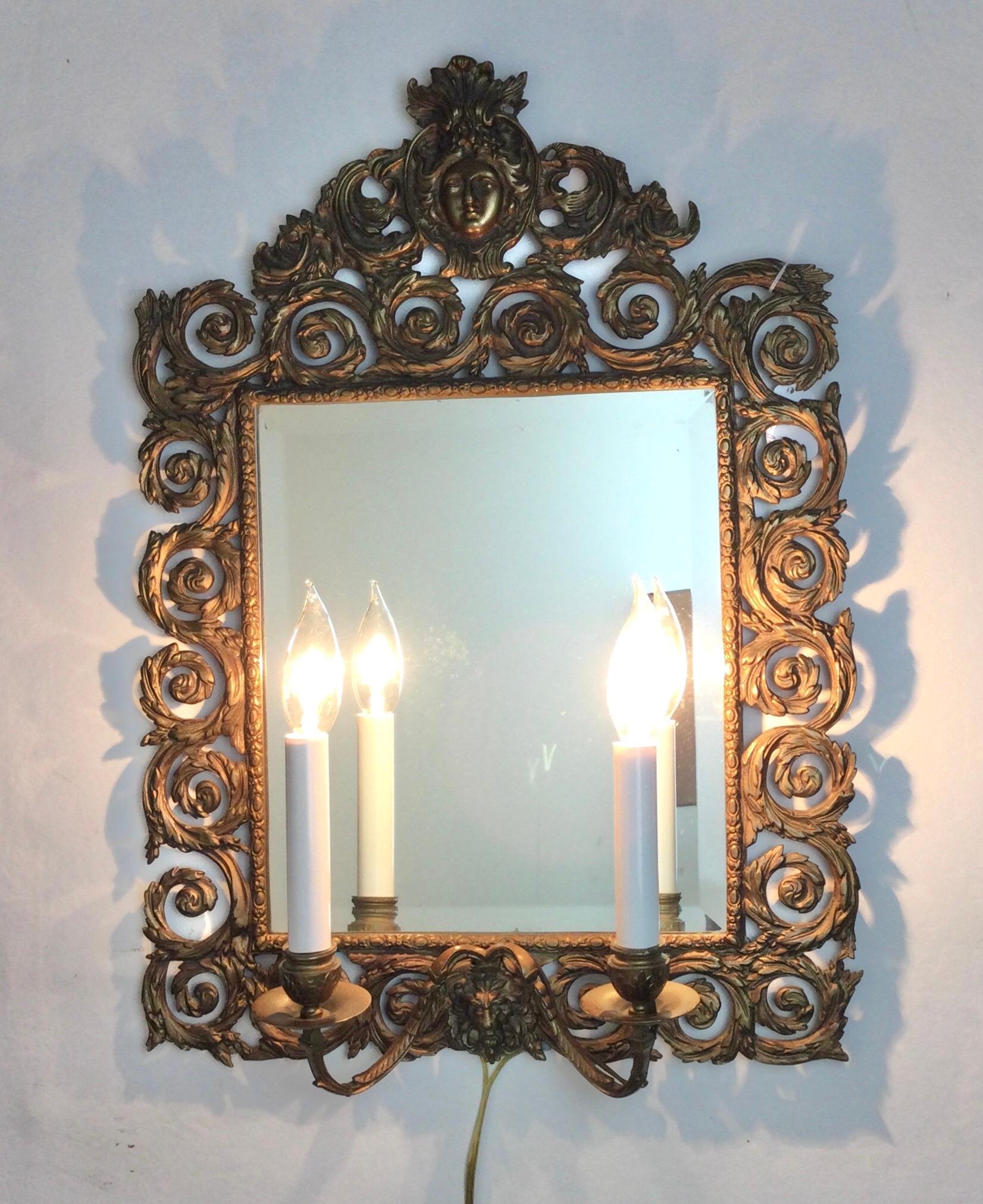 Louis XV French Wall Mirror Brass Double Light Scones 