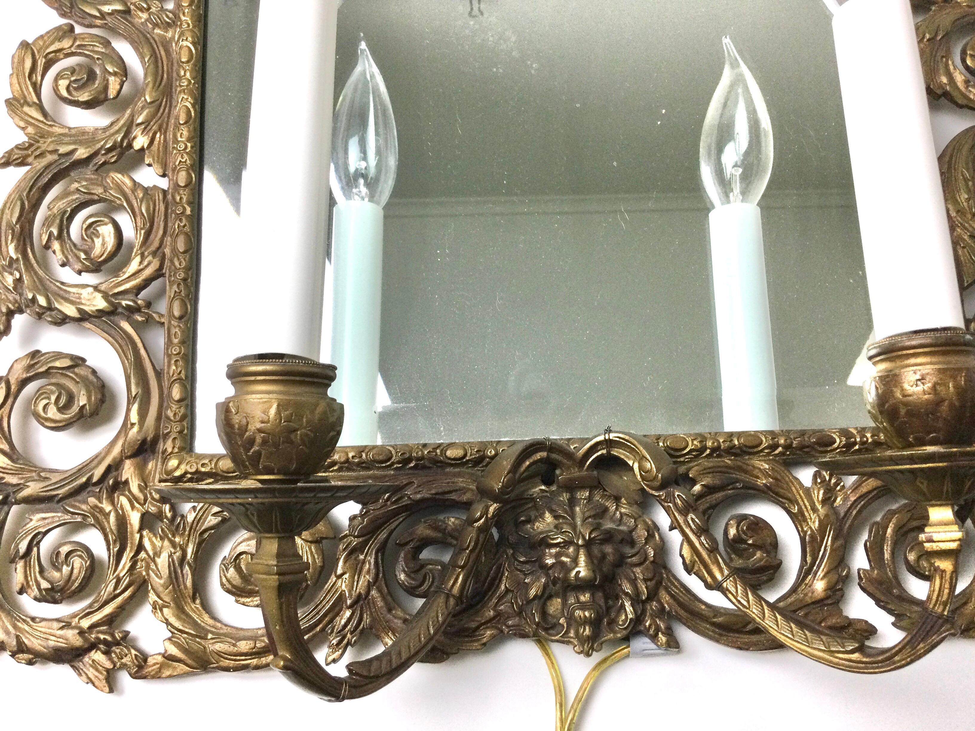 French Wall Mirror Brass Double Light Scones  In Good Condition In Lambertville, NJ