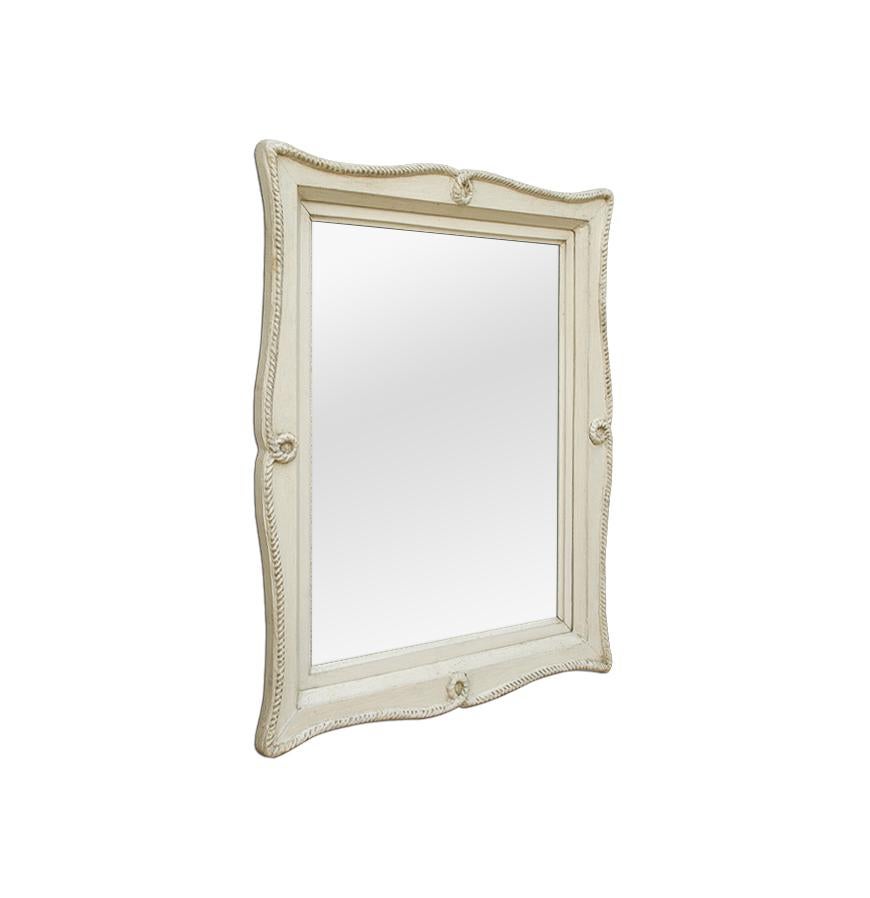 Antique wall mirror by the french creator Emile Bouche. Label of Authenticity from E. Bouche on the back of the frame. Wood painted, off-white (beige), original patina. Cords decoration on the frame. Antique wood back. Modern glass mirror. Antique