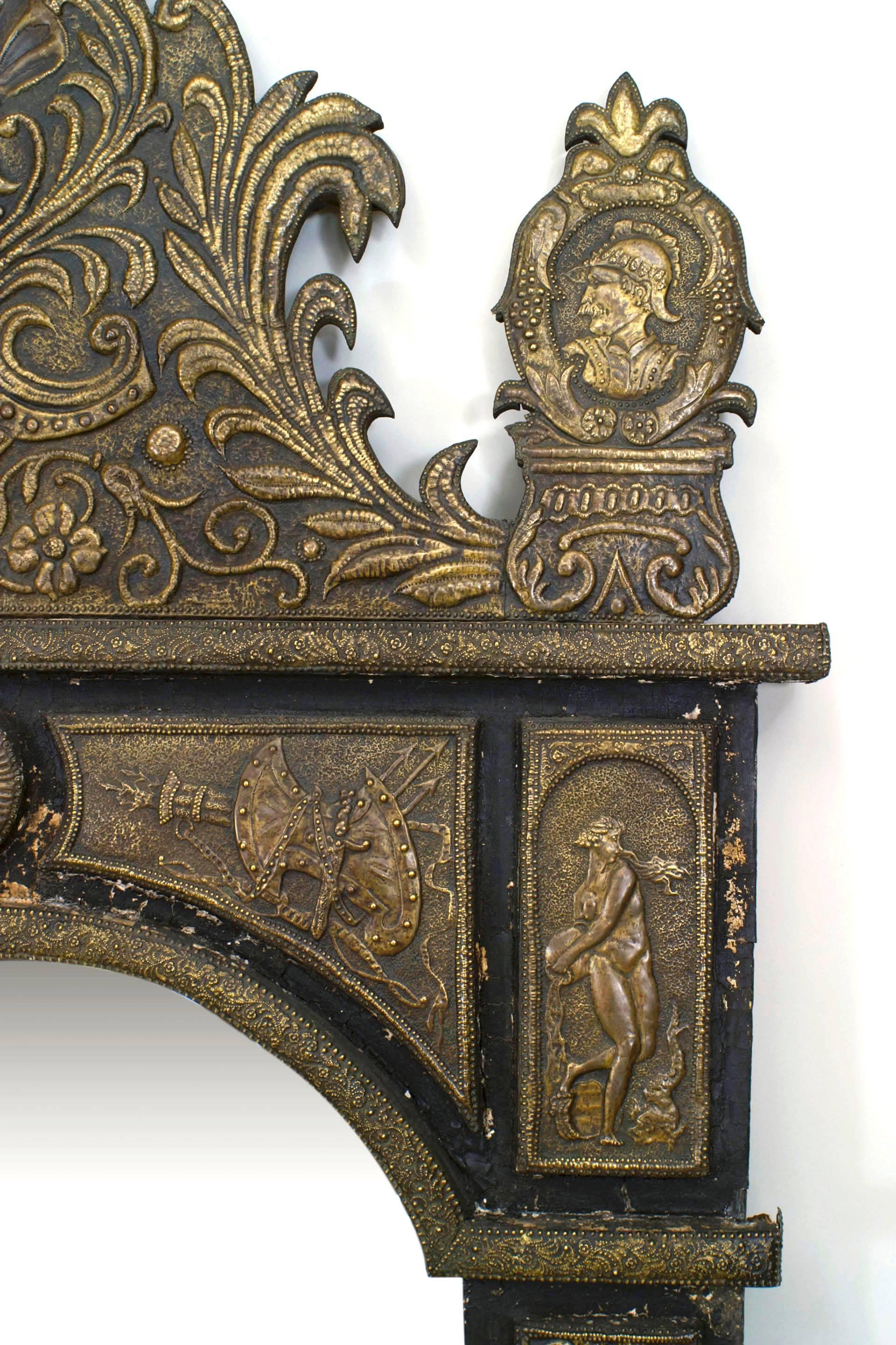 Ebonized French Renaissance Style Brass Embossed Pediment Top Wall Mirror For Sale