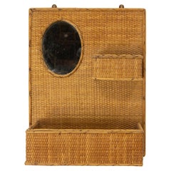 French Wall Mirror Entry Hall Wicker Empty Pocket Key Holder , circa 1940