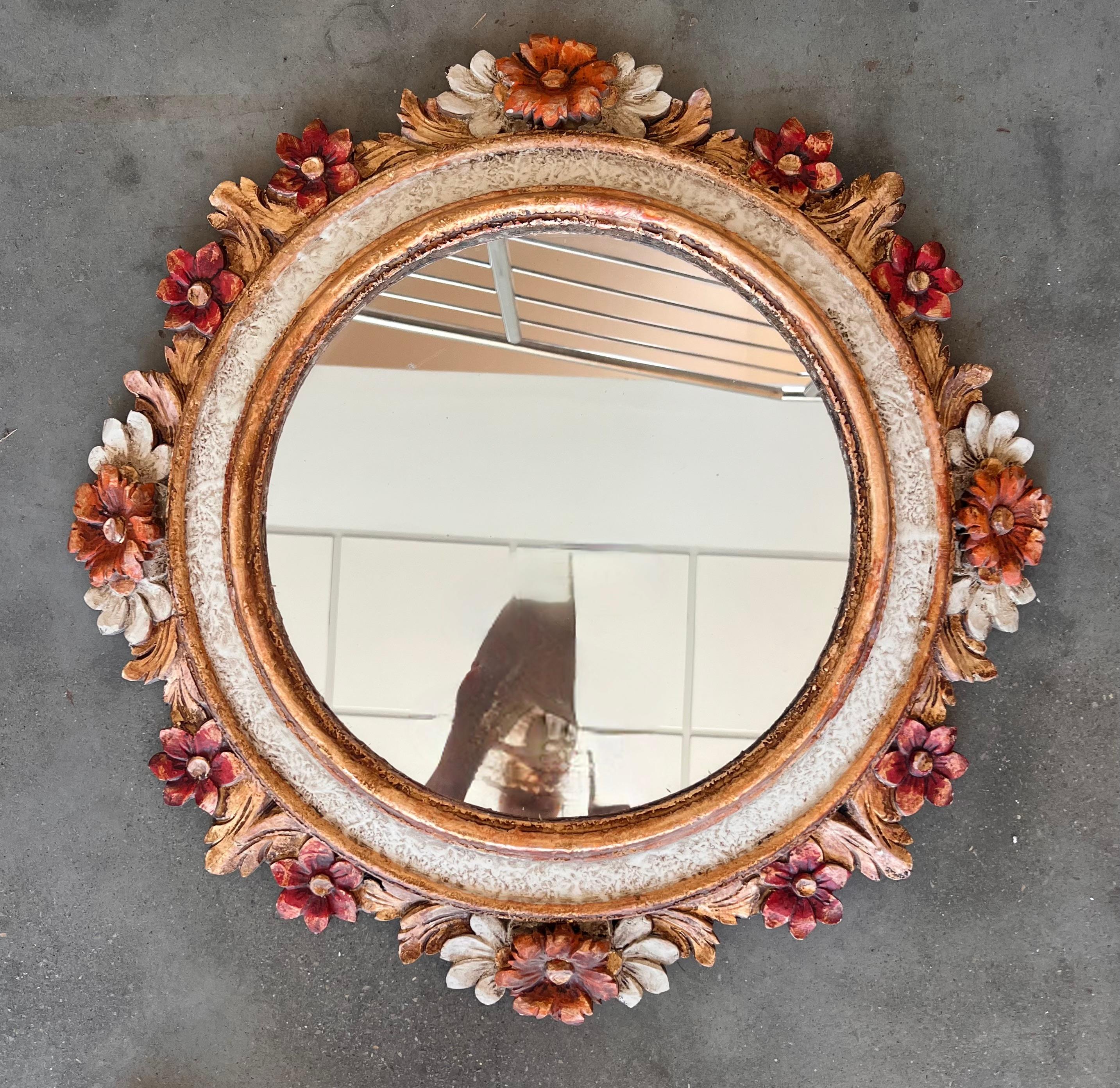 Mid-Century Modern French Wall Mirror in Polychrome Wood with Flowers in relief, 1960s For Sale