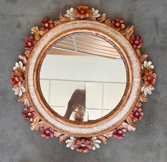 French Wall Mirror in Polychrome Wood with Flowers in relief, 1960s