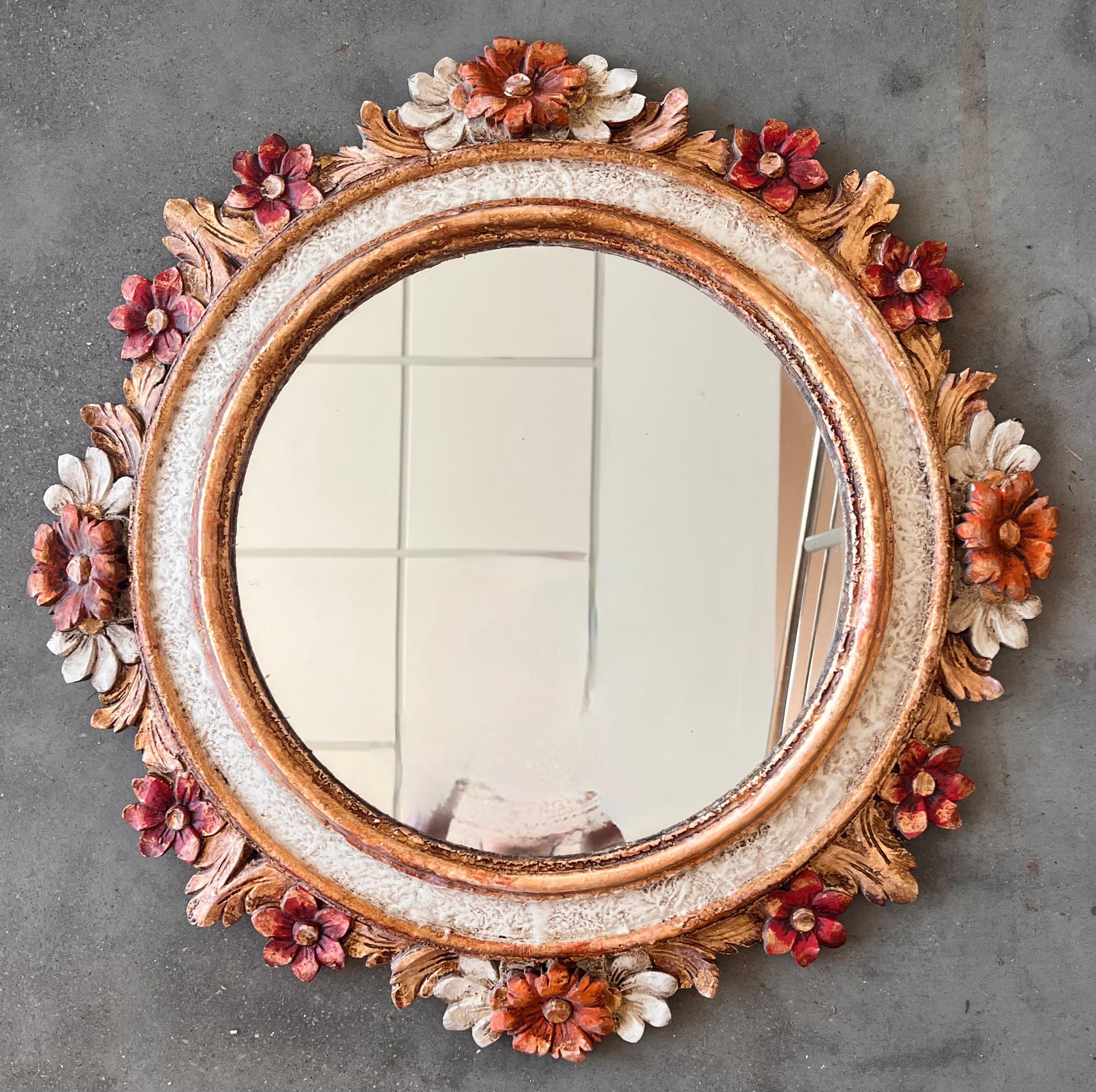 French Wall Mirror in Polychrome Wood with Flowers in relief, 1960s In Good Condition For Sale In Miami, FL