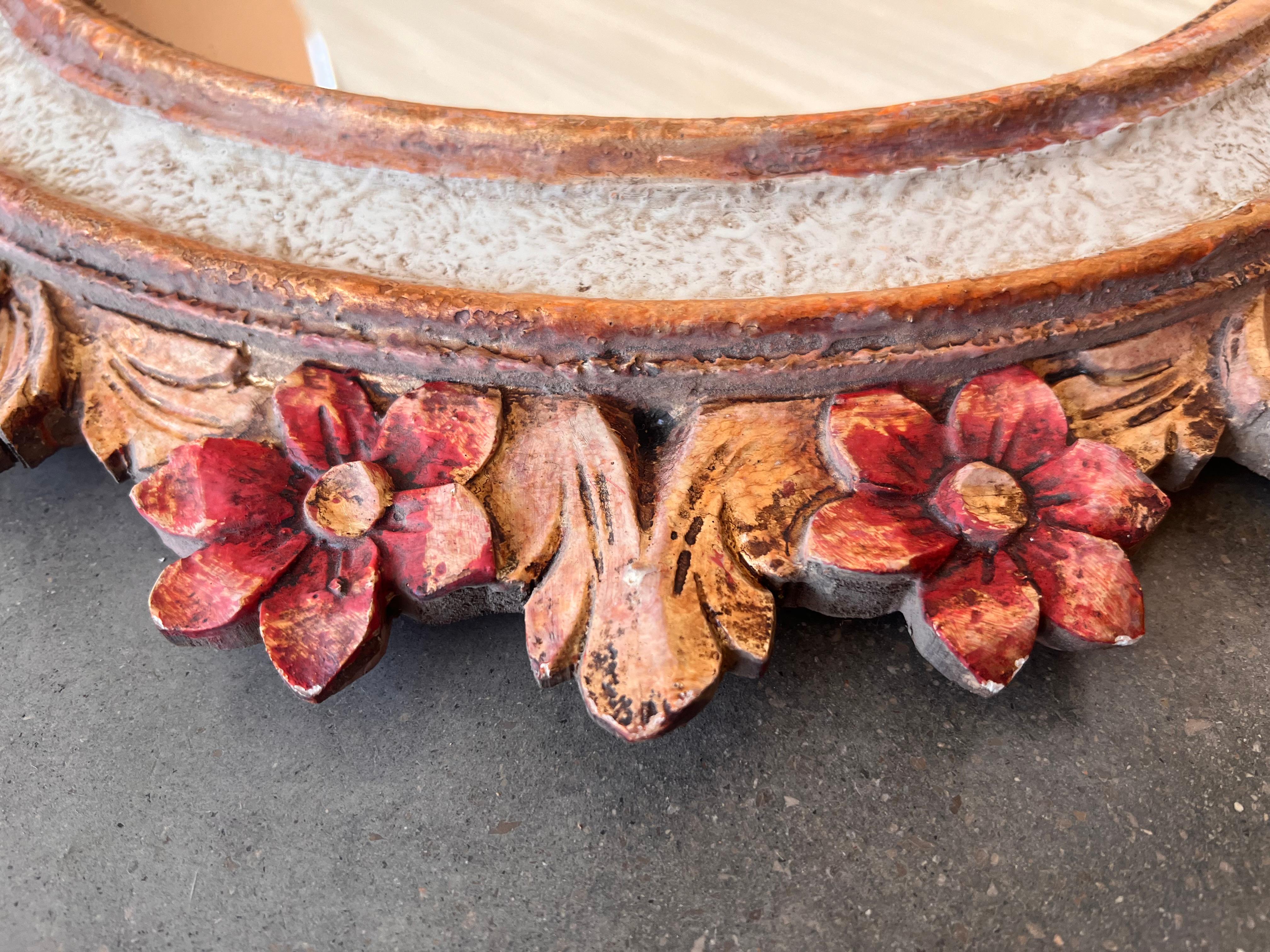 French Wall Mirror in Polychrome Wood with Flowers in relief, 1960s For Sale 1