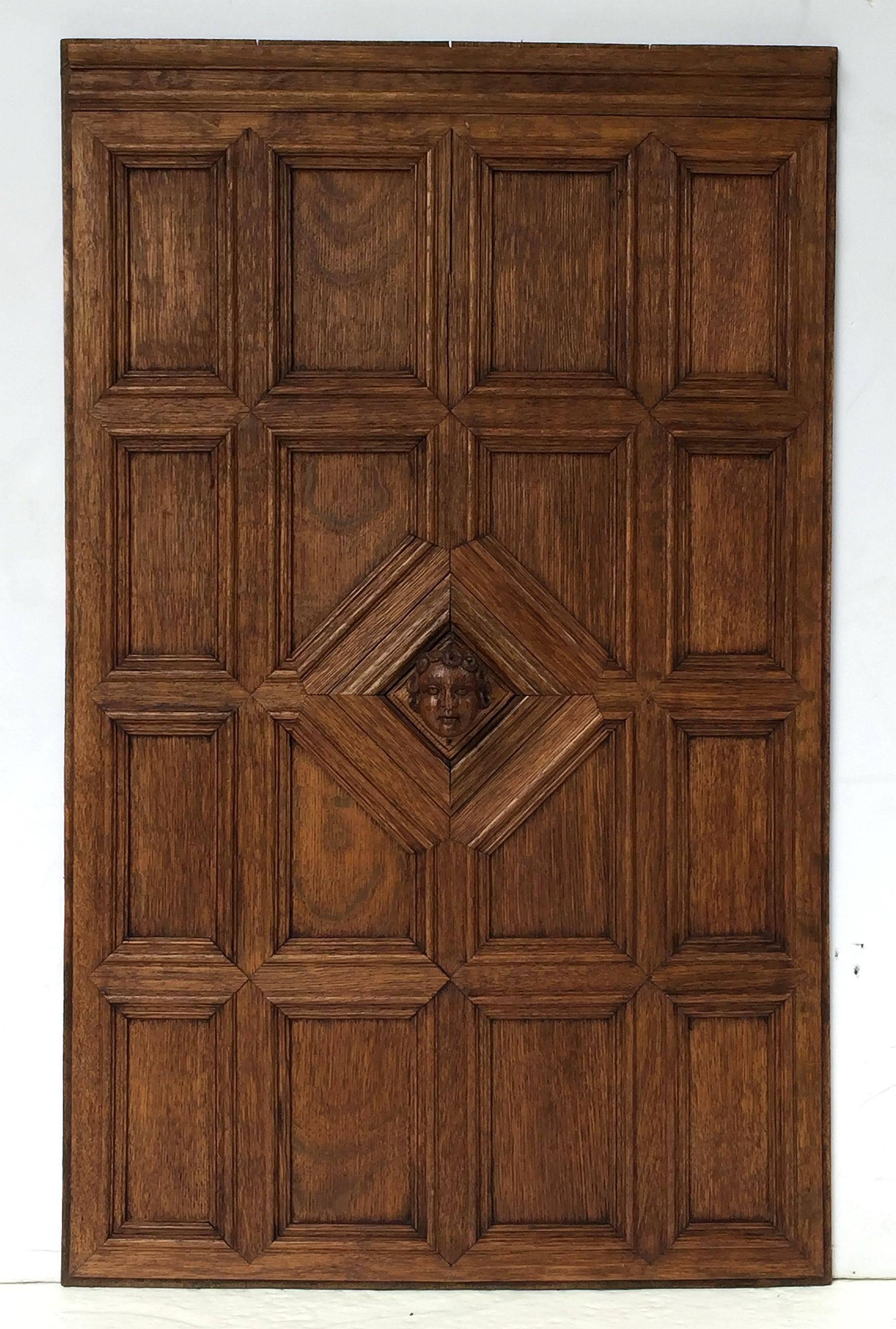 A rectangular French carved panel of oak, featuring a grid of twelve moulded panels around a center panel with relief carving of a cherub-like bust, possibly Bacchus or Dionysus - great for a wine room!
  