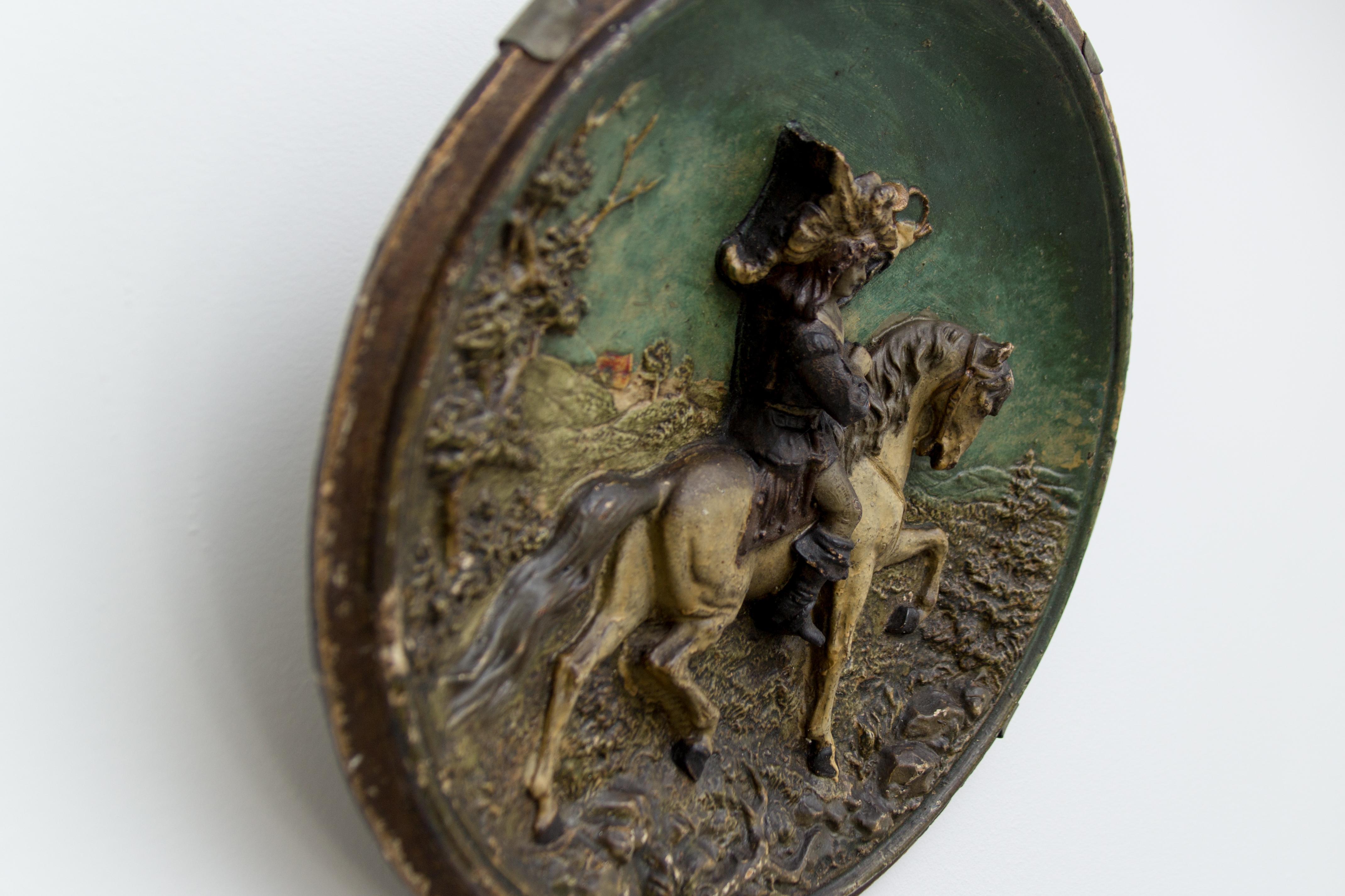Polychromed French Wall Plate Plaque Relief Hunter on Horse