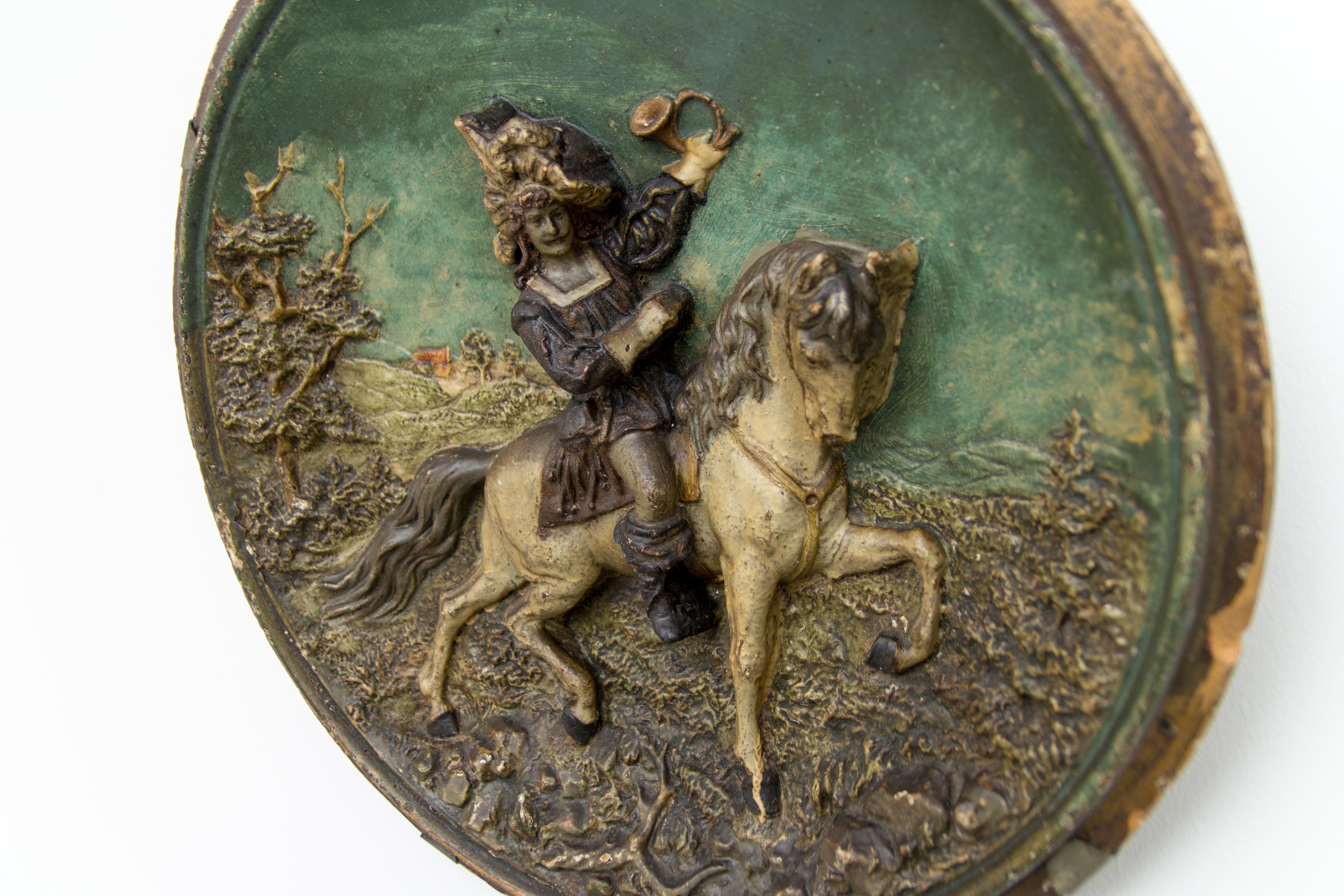20th Century French Wall Plate Plaque Relief Hunter on Horse