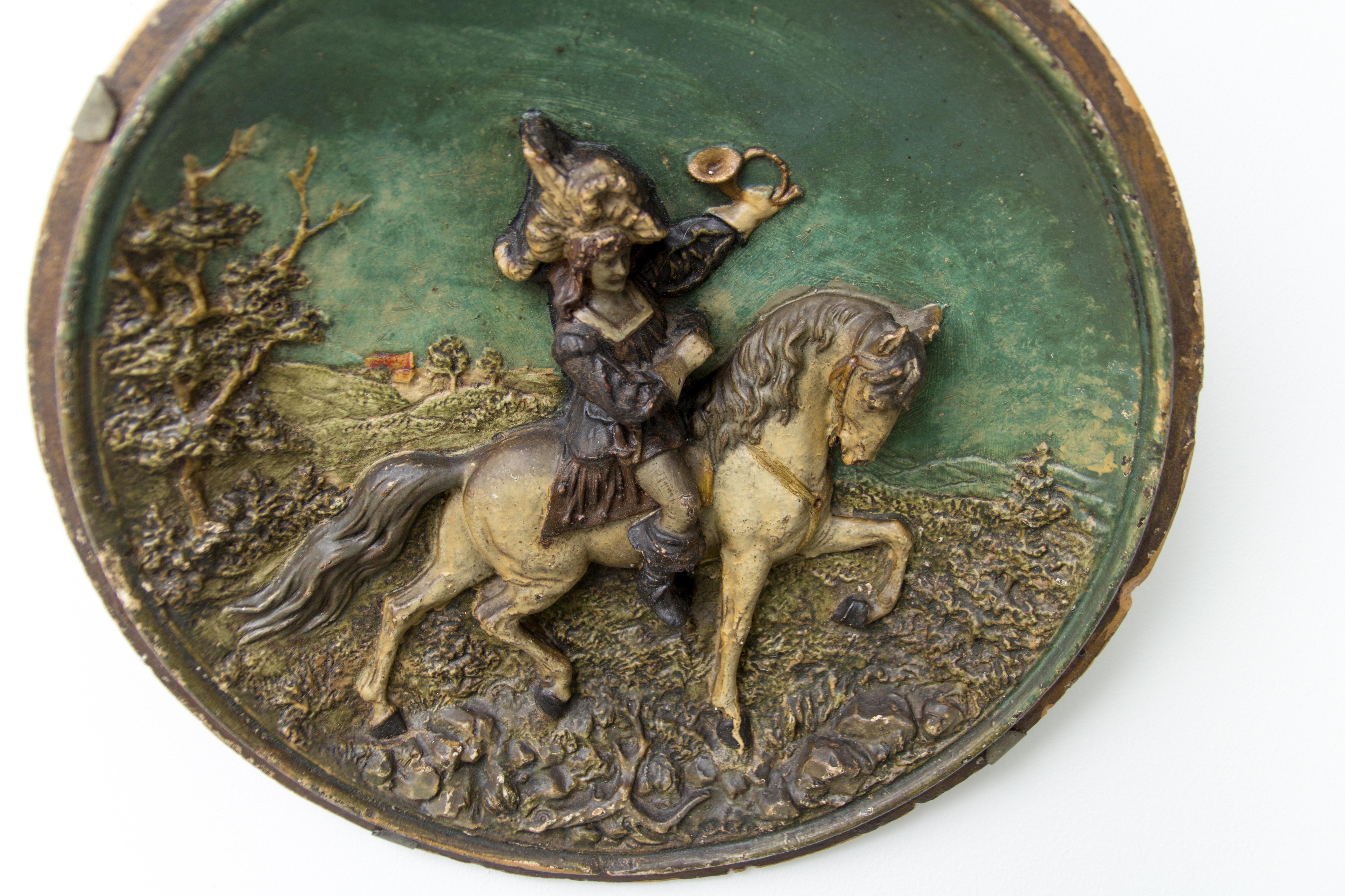 Plaster French Wall Plate Plaque Relief Hunter on Horse