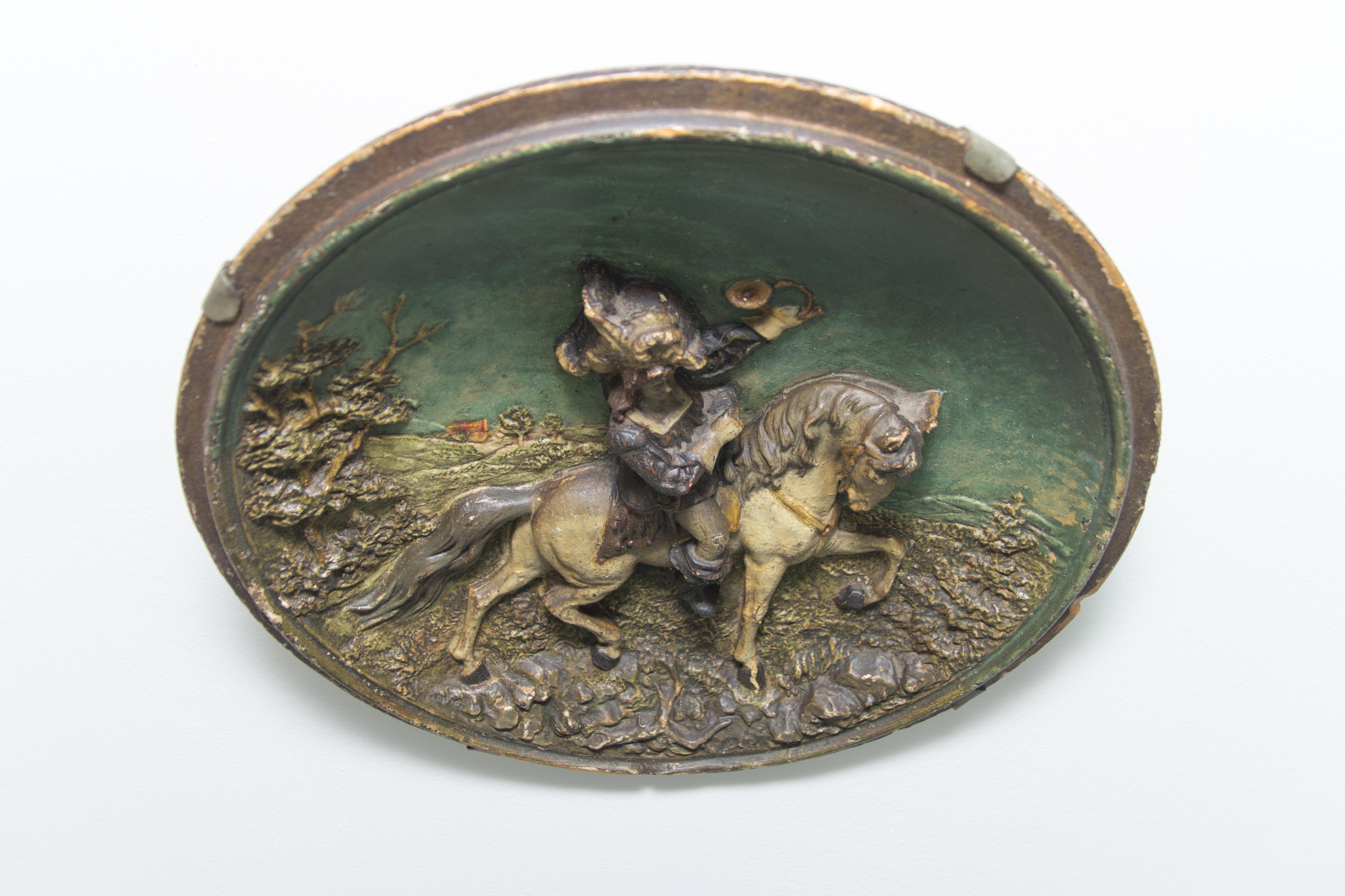 French Wall Plate Plaque Relief Hunter on Horse 1