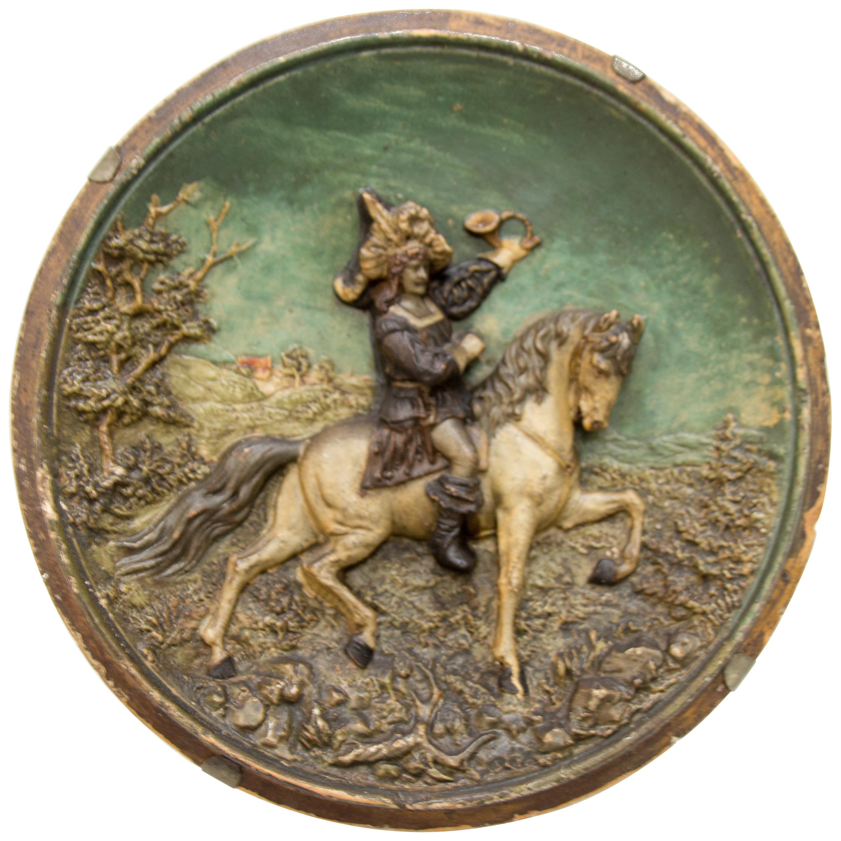 French Wall Plate Plaque Relief Hunter on Horse