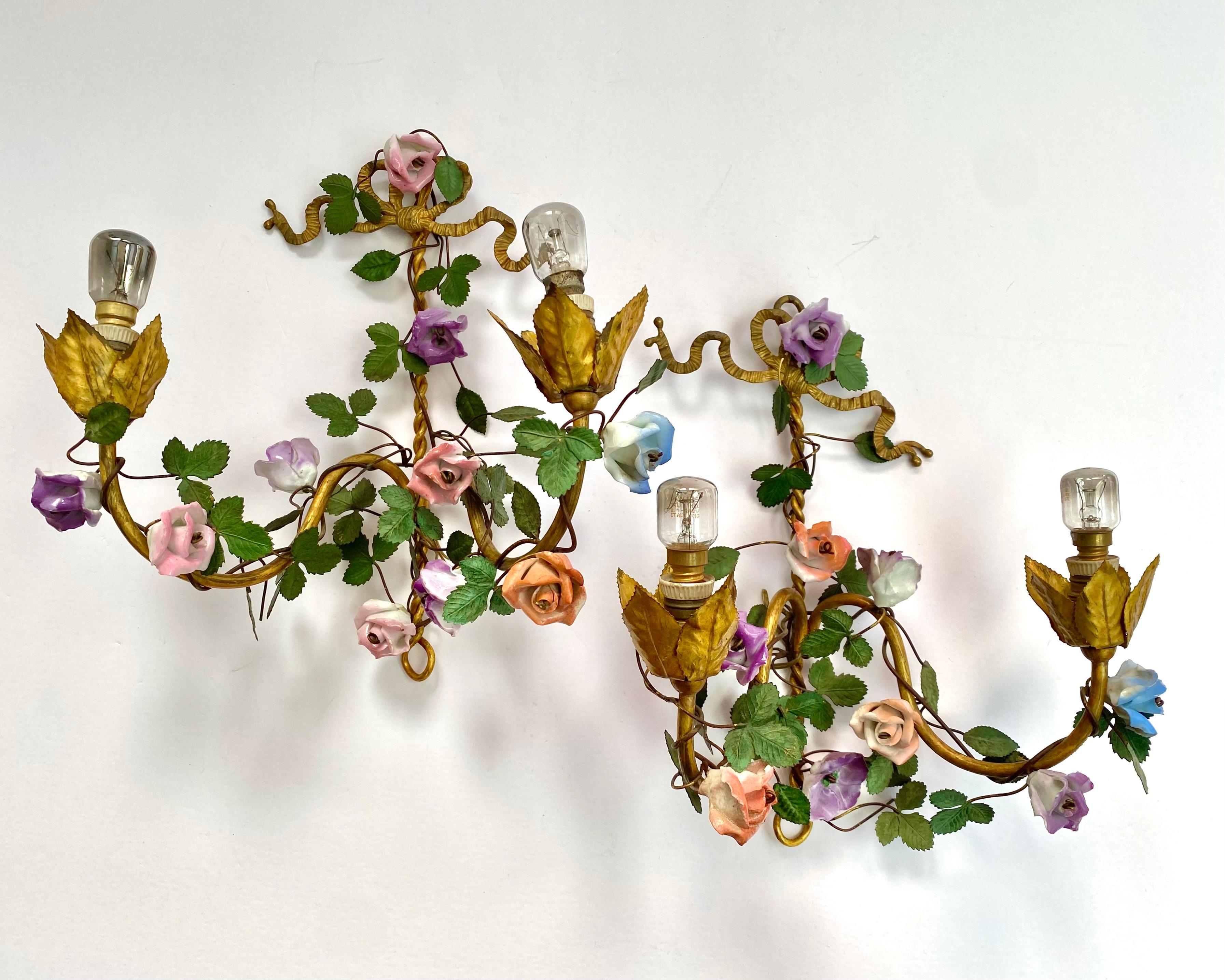 Early 20th Century French Wall Sconces Gilt Metal With Porcelain Flowers, Set 2, 1930s