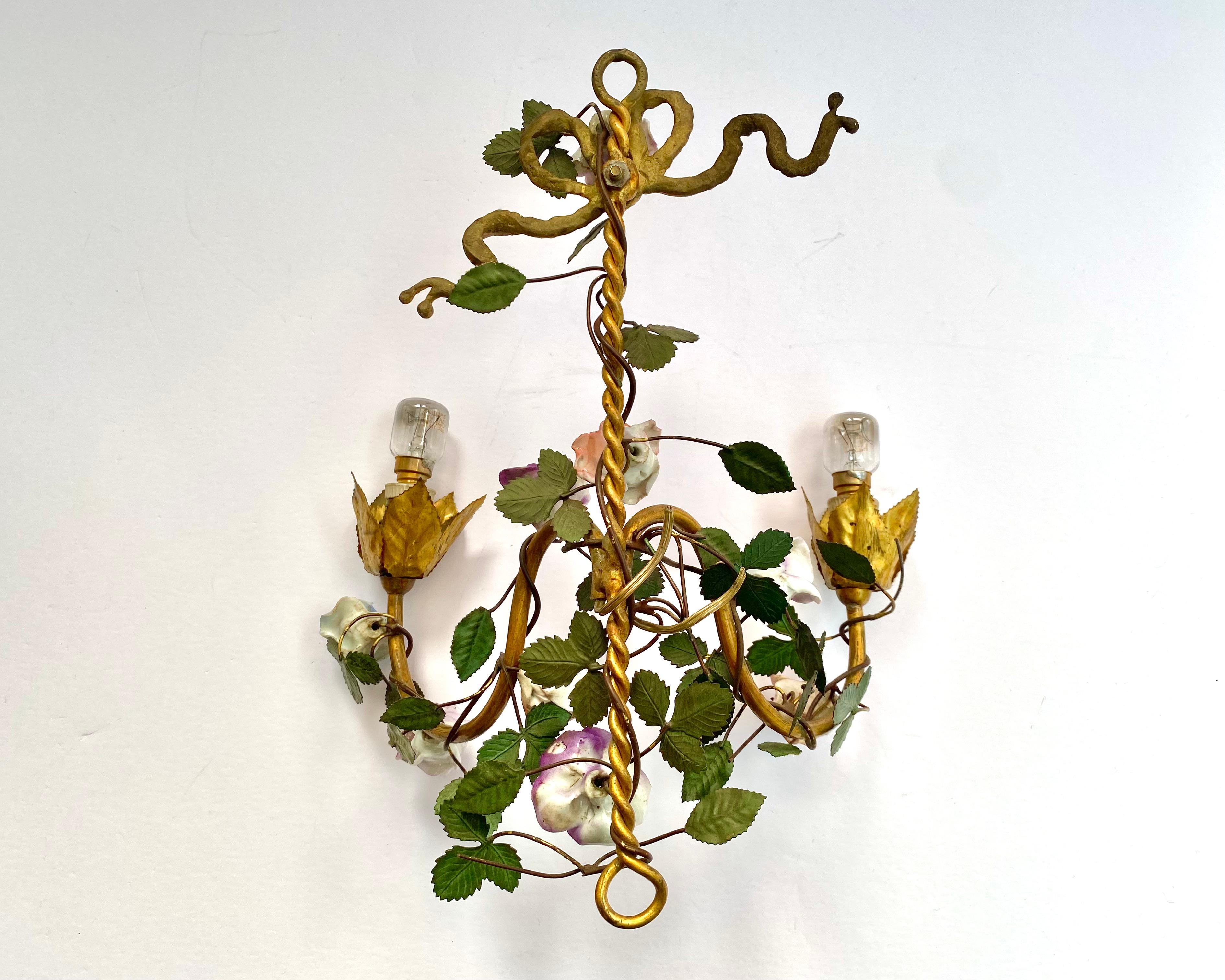 French Wall Sconces Gilt Metal With Porcelain Flowers, Set 2, 1930s 1