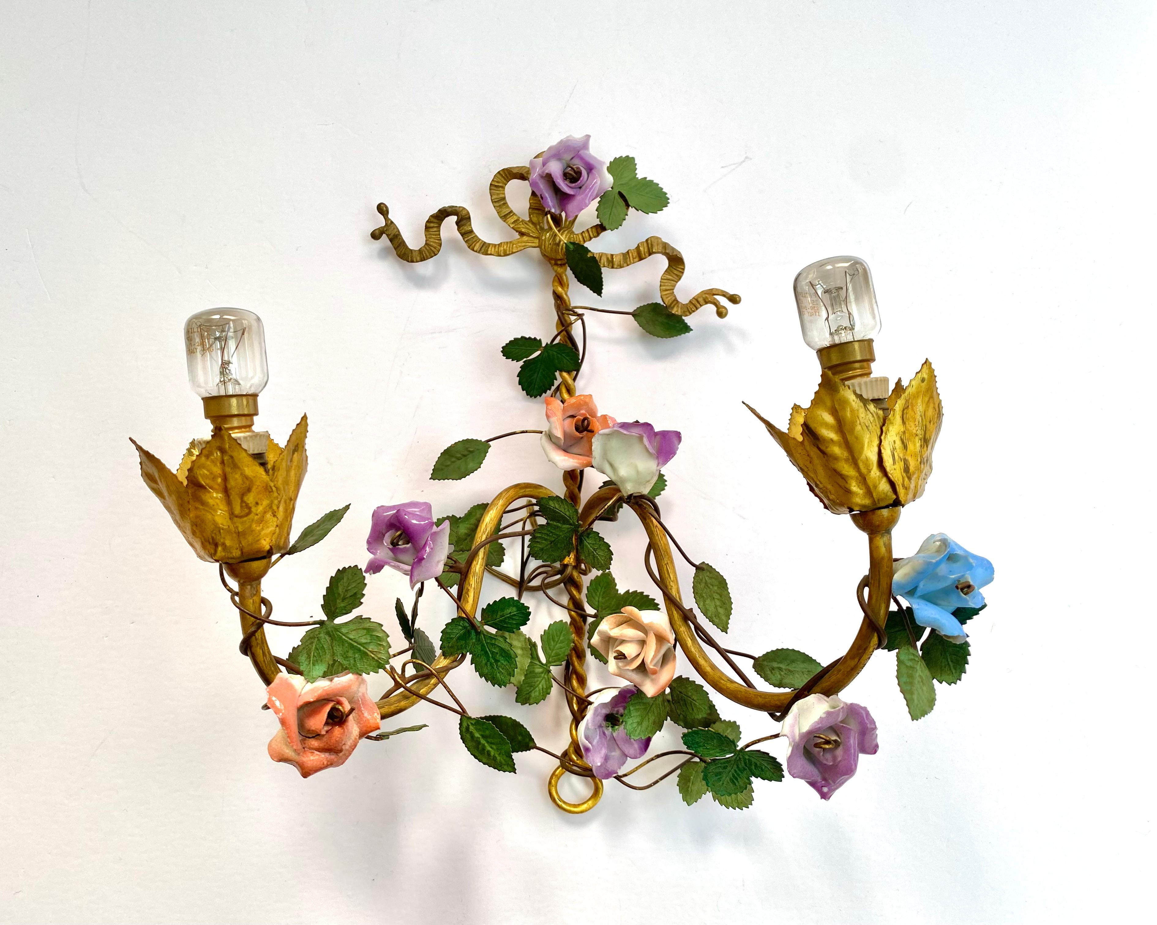 French Wall Sconces Gilt Metal With Porcelain Flowers, Set 2, 1930s 2