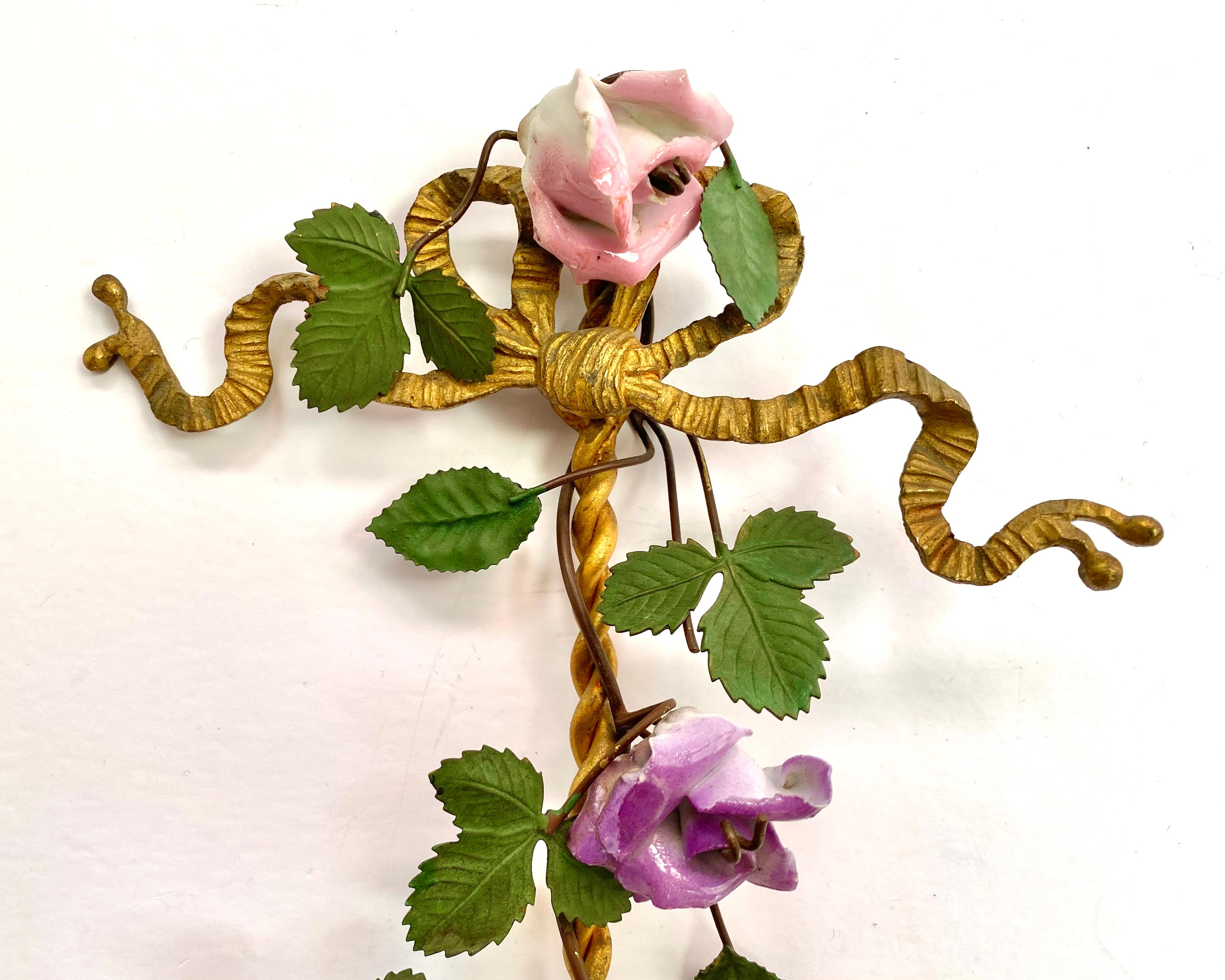 French Wall Sconces Gilt Metal With Porcelain Flowers, Set 2, 1930s 3