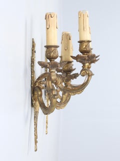 French Wall Sconces in Rococo or Louis XV Style in Solid Brass with Old Gilding