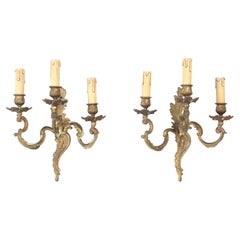 French Wall Sconces in Rococo or Louis XV Style in Solid Brass with Old Gilding