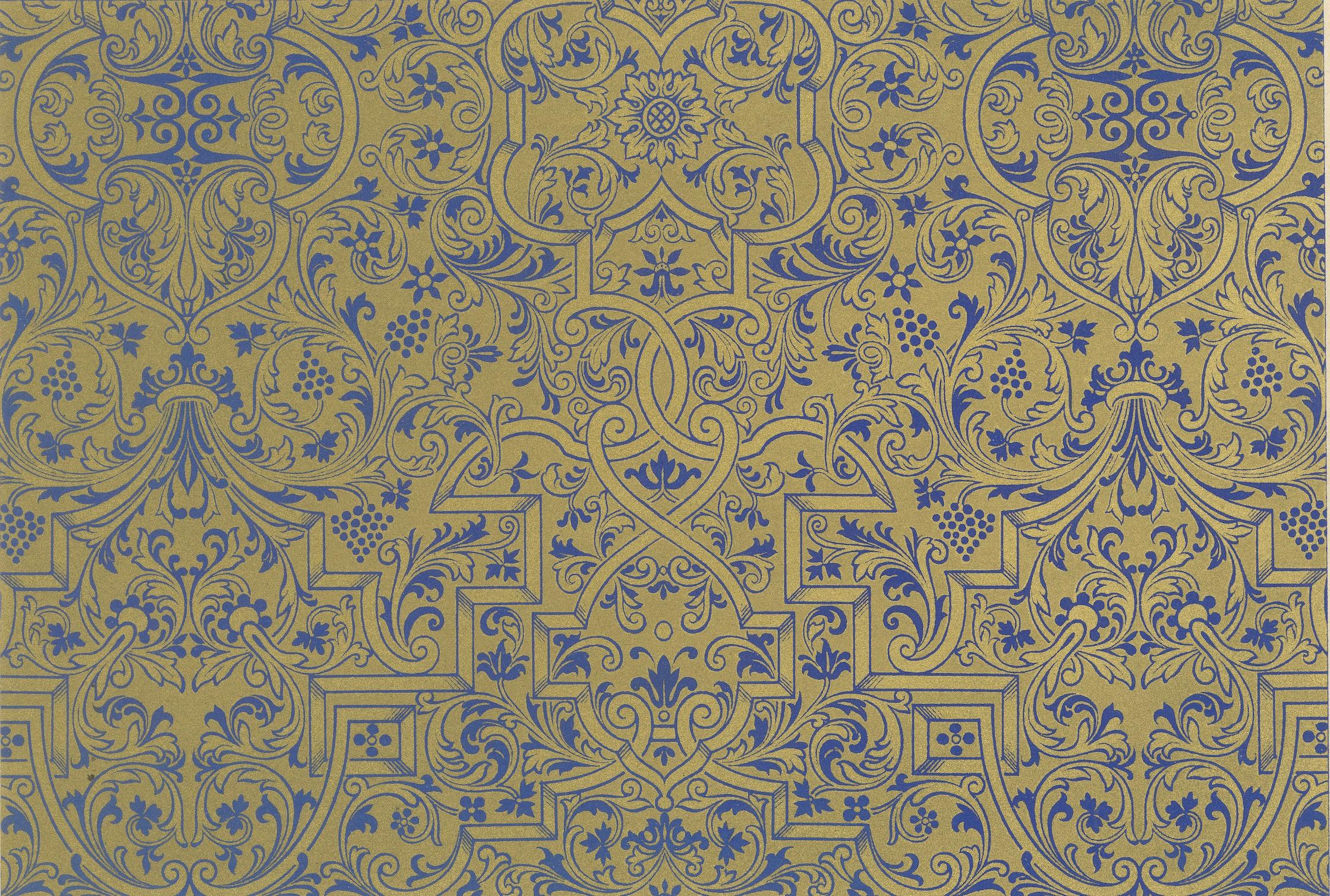 Papiers peints et motifs textiles français du XVIIe siècle - Motifs de damas et de volutes, planche LXXXV

Cette élégante chromolithographie, planche LXXXV de L'Ornement Polychrome, présente deux exemples exquis de motifs décoratifs français du