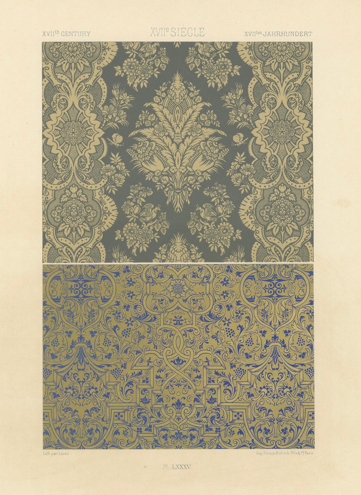 XIXe siècle Papier peint et motifs textiles français - Motifs de damas et de volutes, vers 1869 en vente