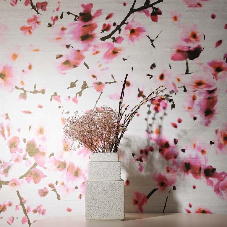 French Wallpaper By Elitis Kandy Sakura Cherry Blossom Floral Watercolor Silk For Sale At 1stdibs