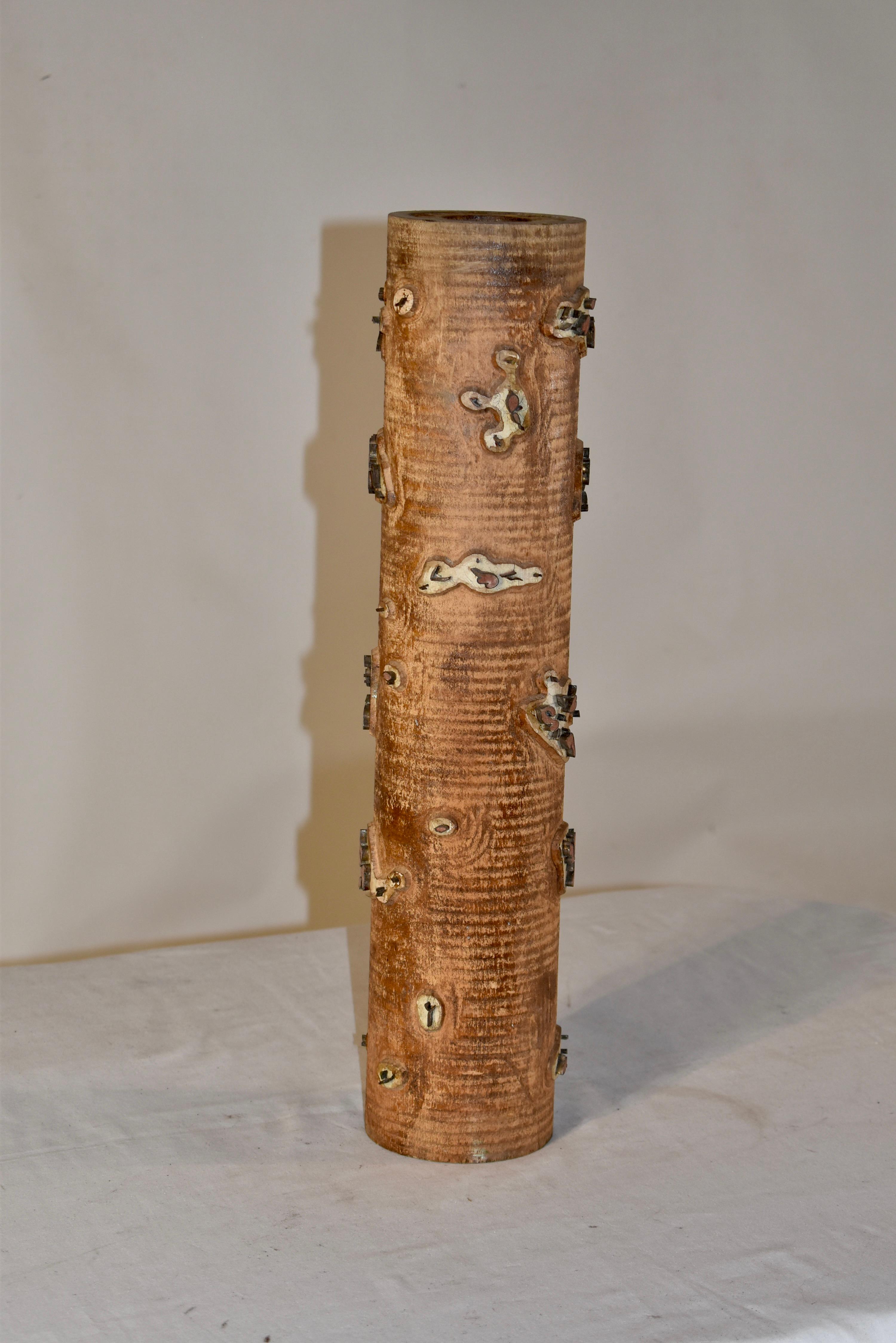 Circa 1900 French wallpaper roll made from oak.  The rolls have lovely designs which would have been run through ink and then used to print a pattern on wallpaper.  These make great lamps, or can be set up in groups for interesting decoration.