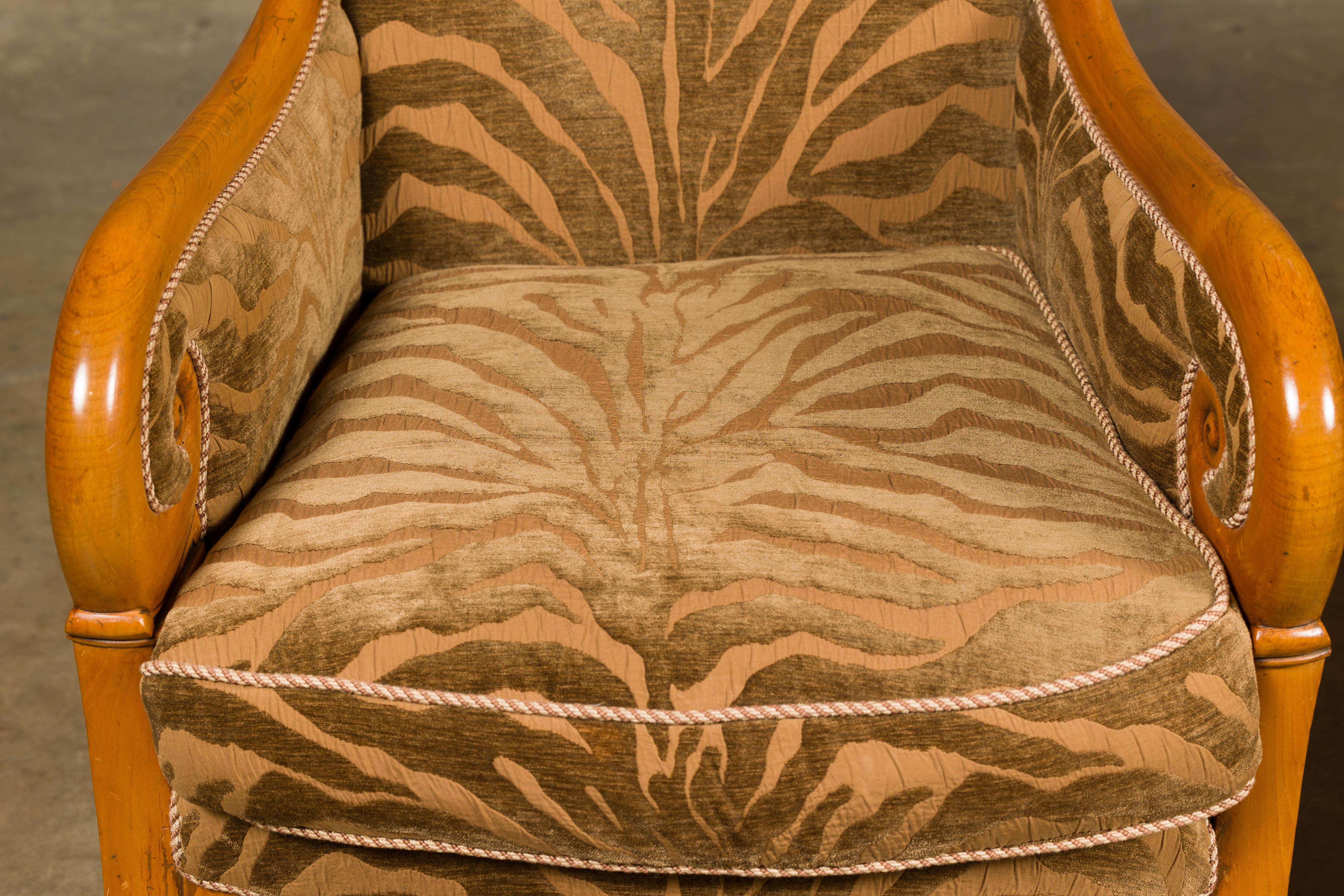 French Walnut 19th Century Bergère Chairs with Carved Arms and Zebra Upholstery For Sale 9