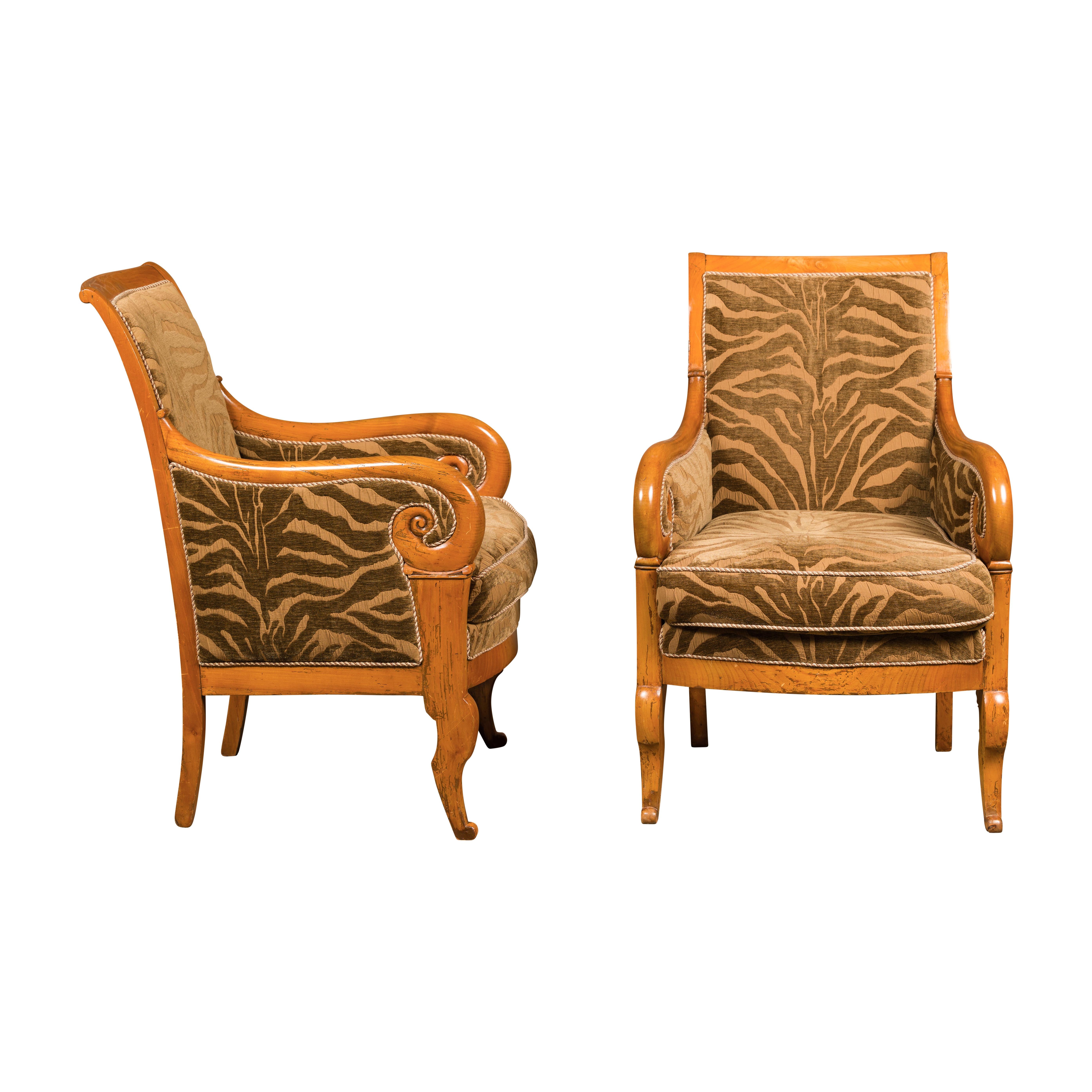 French Walnut 19th Century Bergère Chairs with Carved Arms and Zebra Upholstery For Sale 11