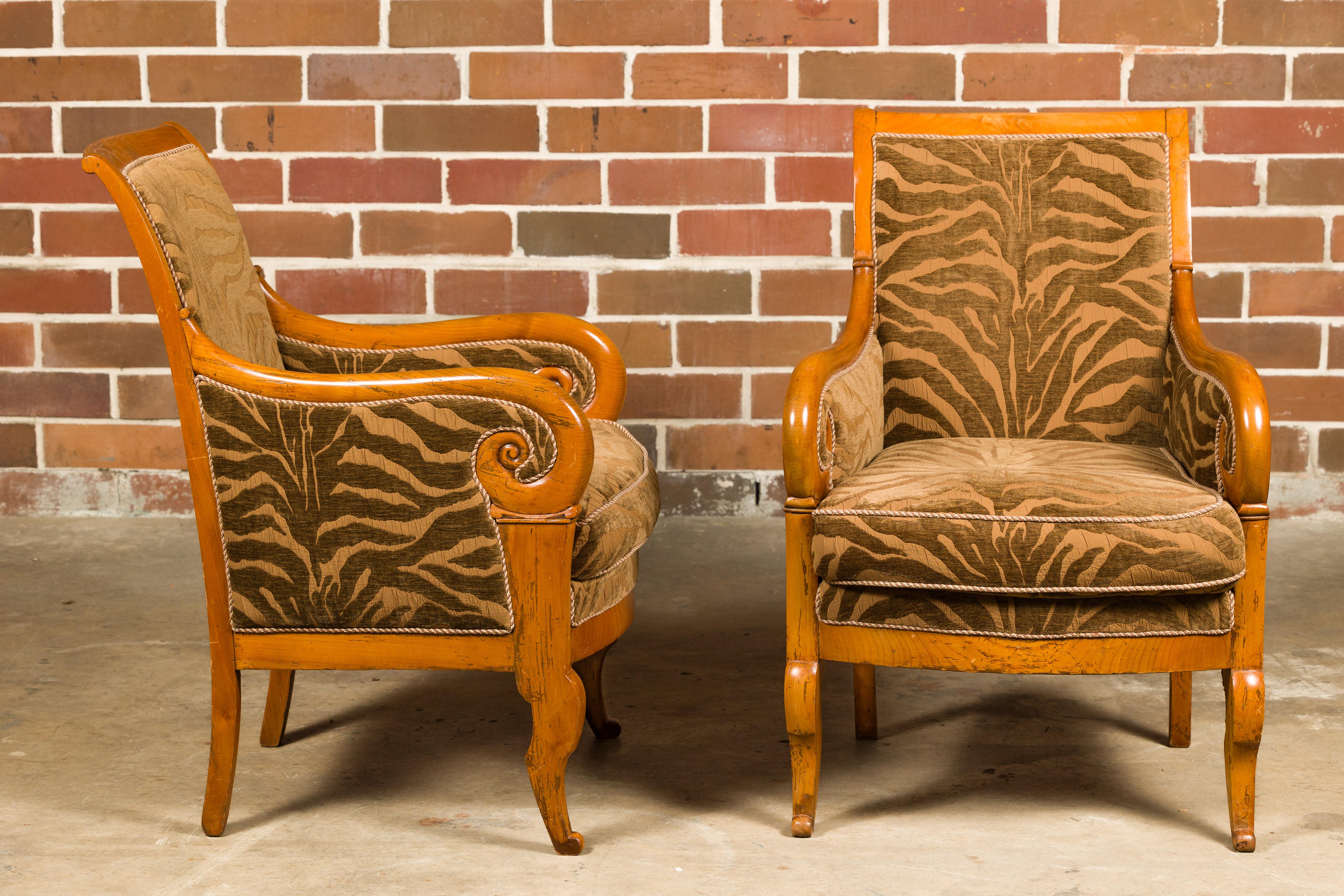 Louis Philippe French Walnut 19th Century Bergère Chairs with Carved Arms and Zebra Upholstery For Sale