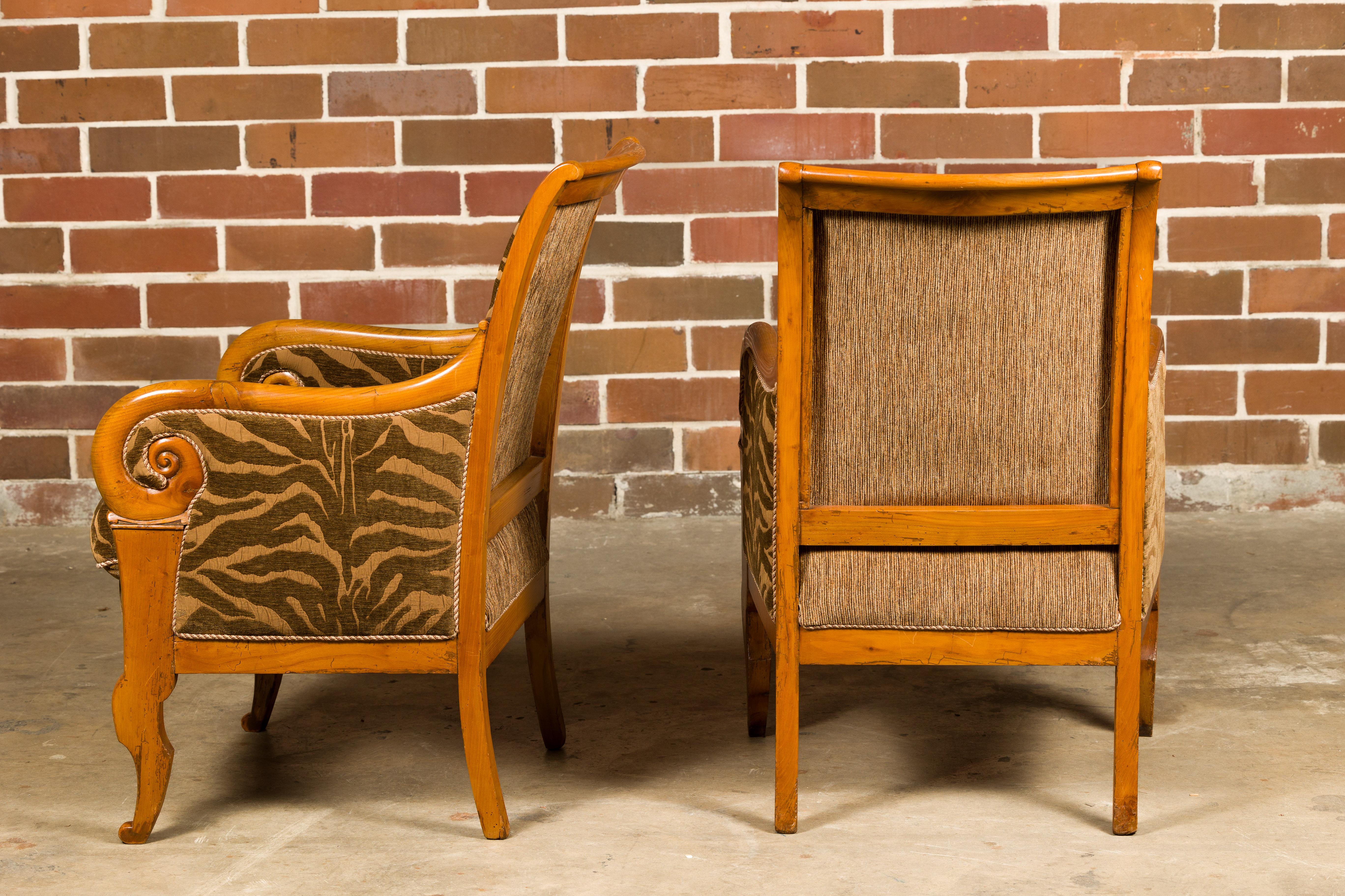 French Walnut 19th Century Bergère Chairs with Carved Arms and Zebra Upholstery For Sale 1