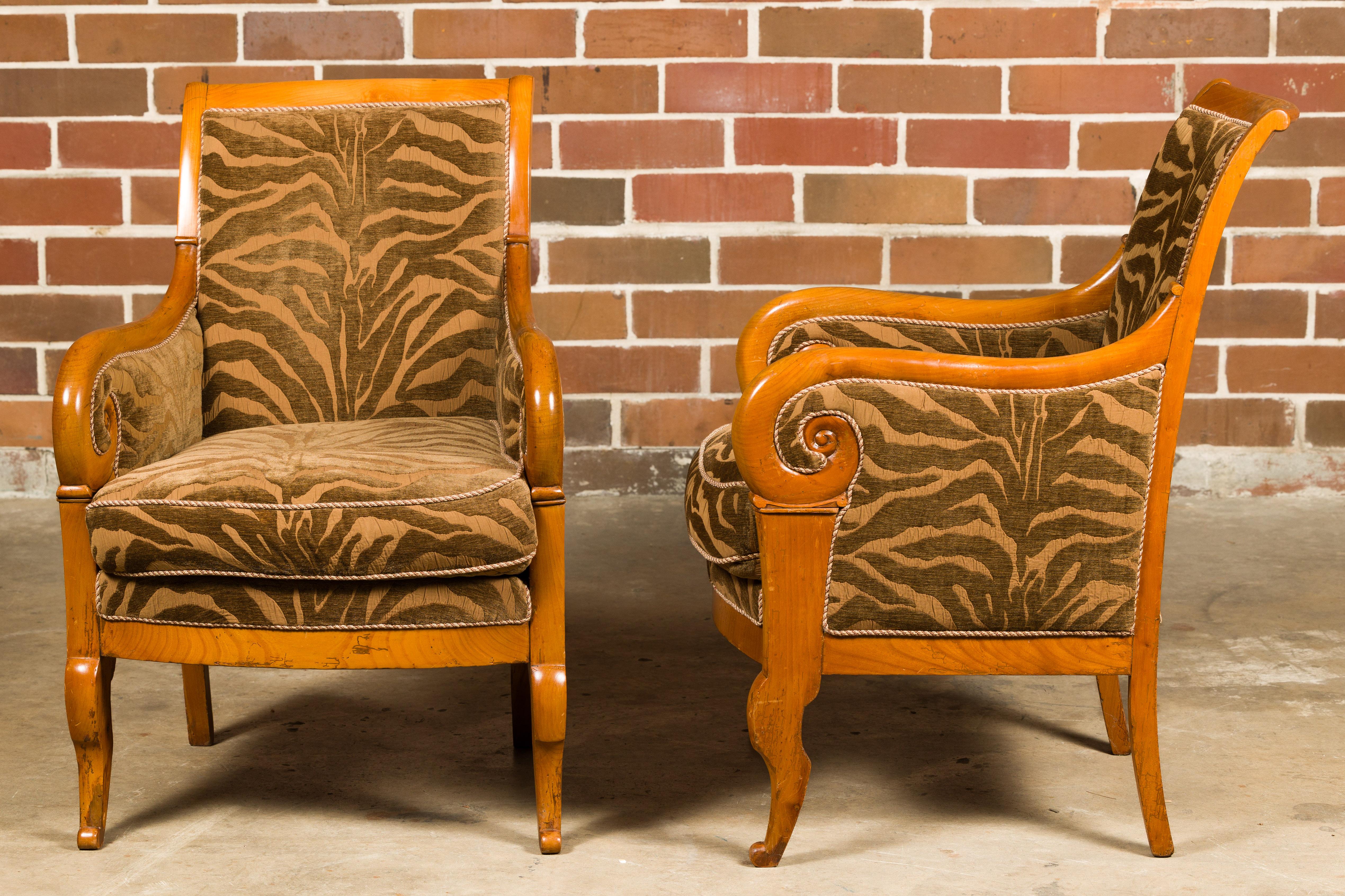 French Walnut 19th Century Bergère Chairs with Carved Arms and Zebra Upholstery For Sale 2