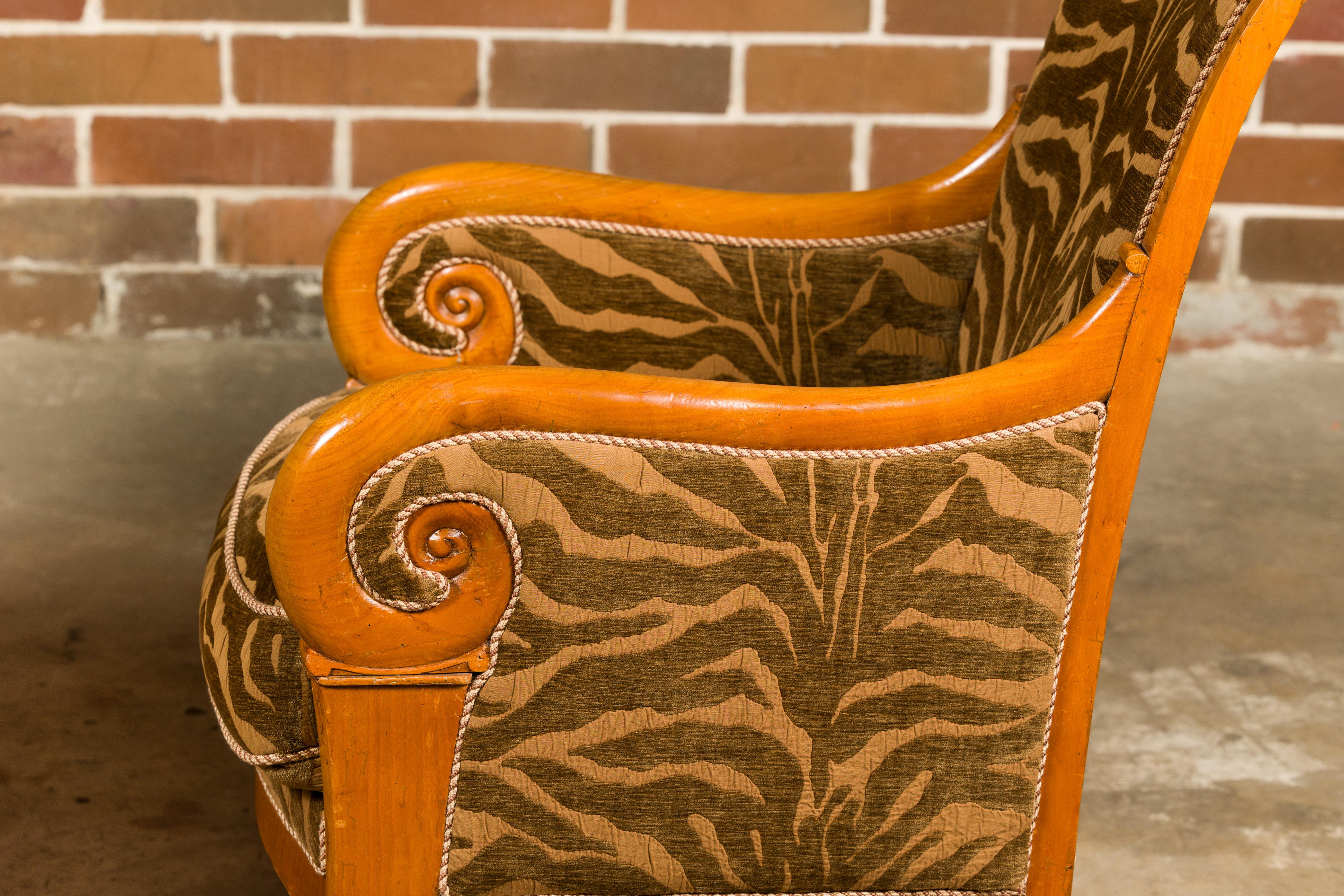 French Walnut 19th Century Bergère Chairs with Carved Arms and Zebra Upholstery For Sale 3