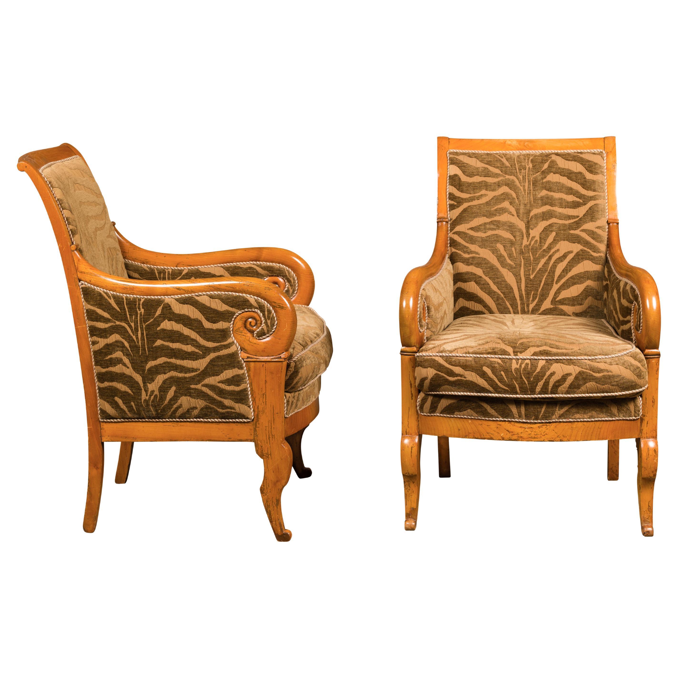 French Walnut 19th Century Bergère Chairs with Carved Arms and Zebra Upholstery For Sale