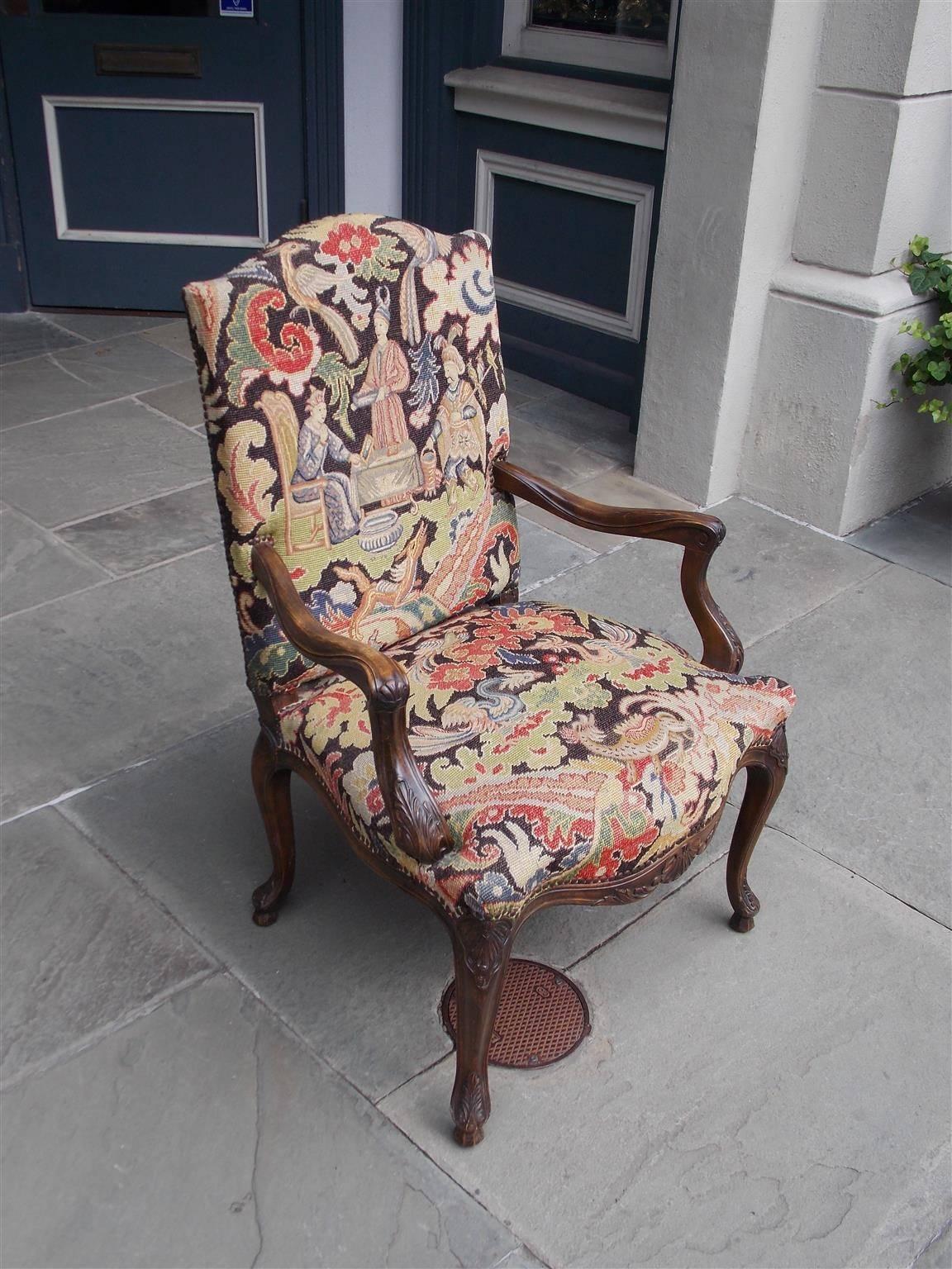French Walnut Acanthus Armchair with Decorative Figural Needlepoint, Circa 1840 3