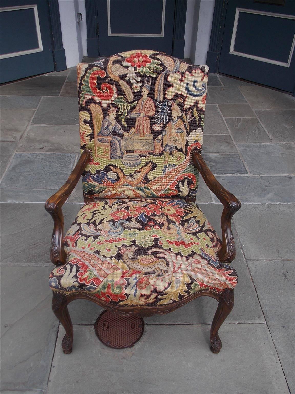 Louis Philippe French Walnut Acanthus Armchair with Decorative Figural Needlepoint, Circa 1840