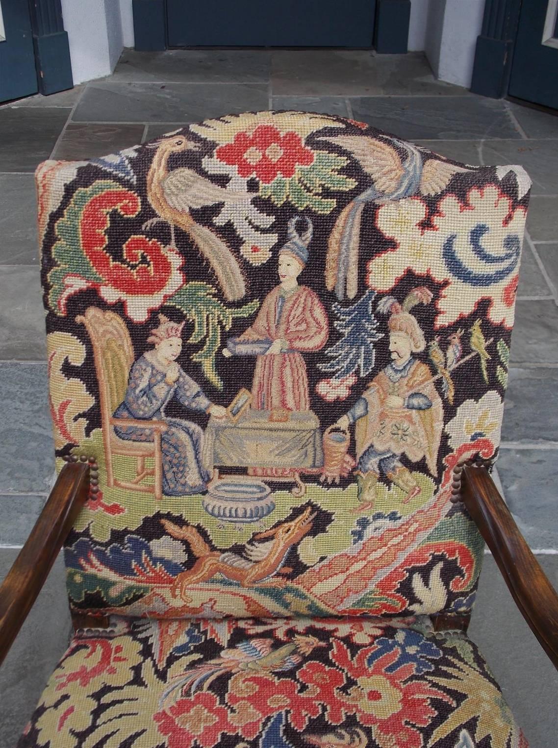 Hand-Carved French Walnut Acanthus Armchair with Decorative Figural Needlepoint, Circa 1840
