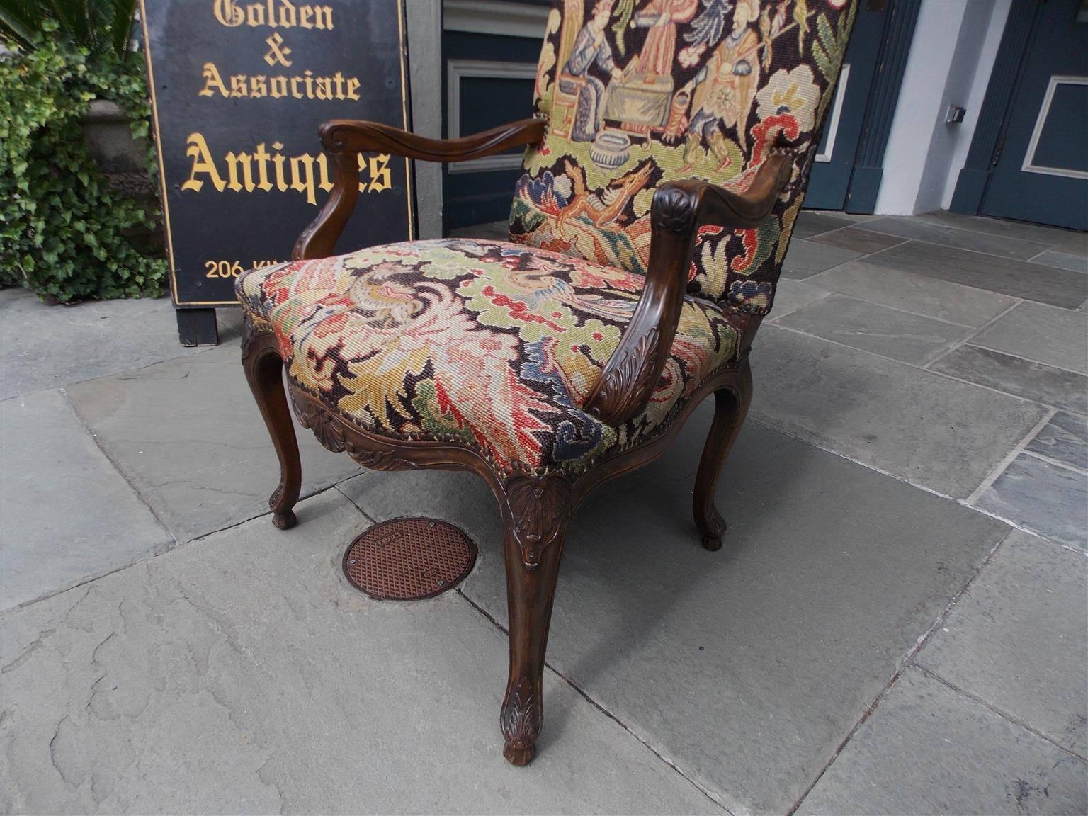 French Walnut Acanthus Armchair with Decorative Figural Needlepoint, Circa 1840 In Excellent Condition In Hollywood, SC