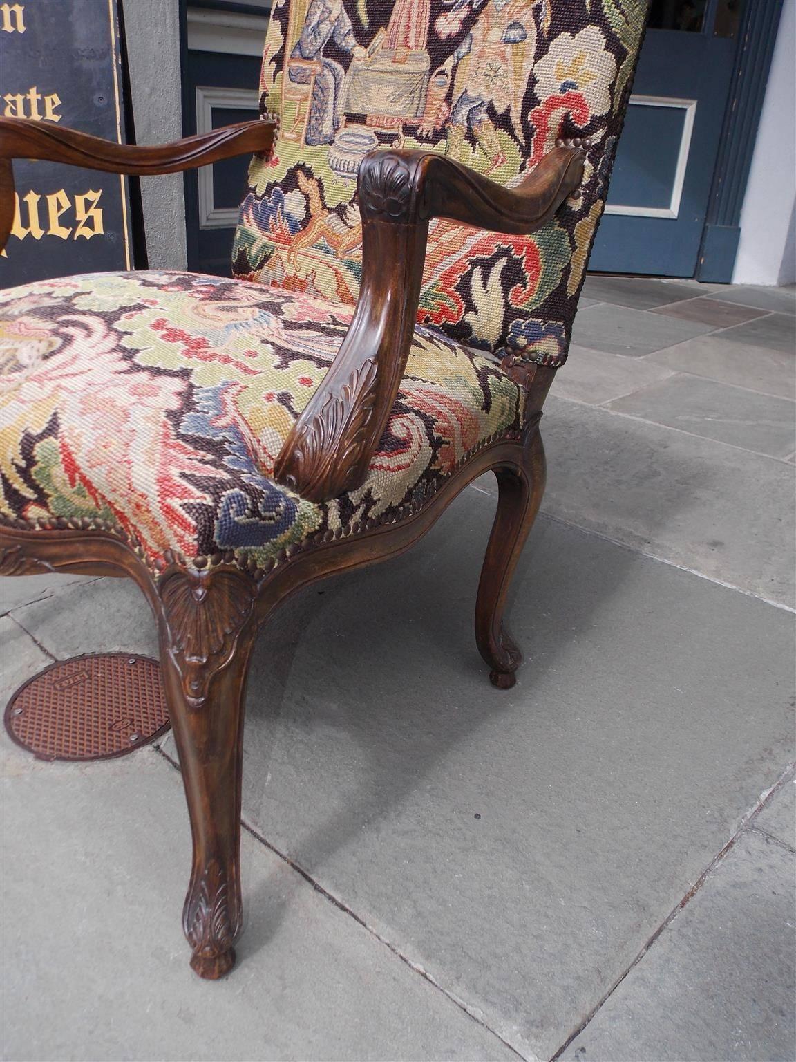 Mid-19th Century French Walnut Acanthus Armchair with Decorative Figural Needlepoint, Circa 1840
