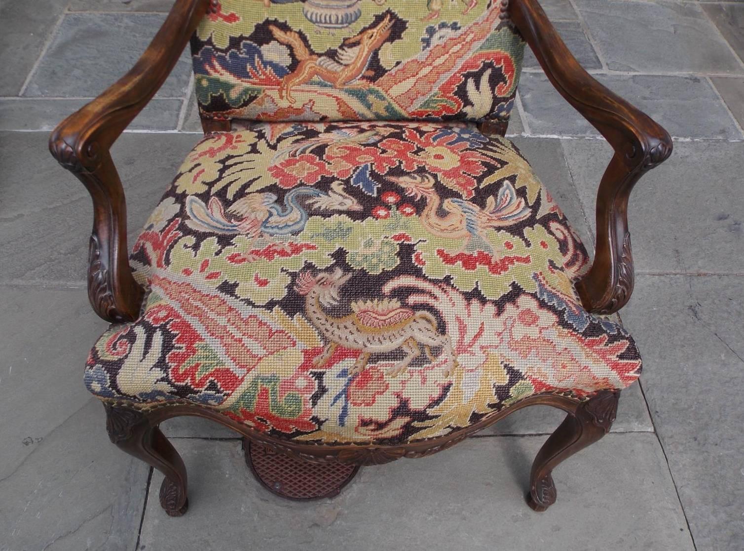 Upholstery French Walnut Acanthus Armchair with Decorative Figural Needlepoint, Circa 1840
