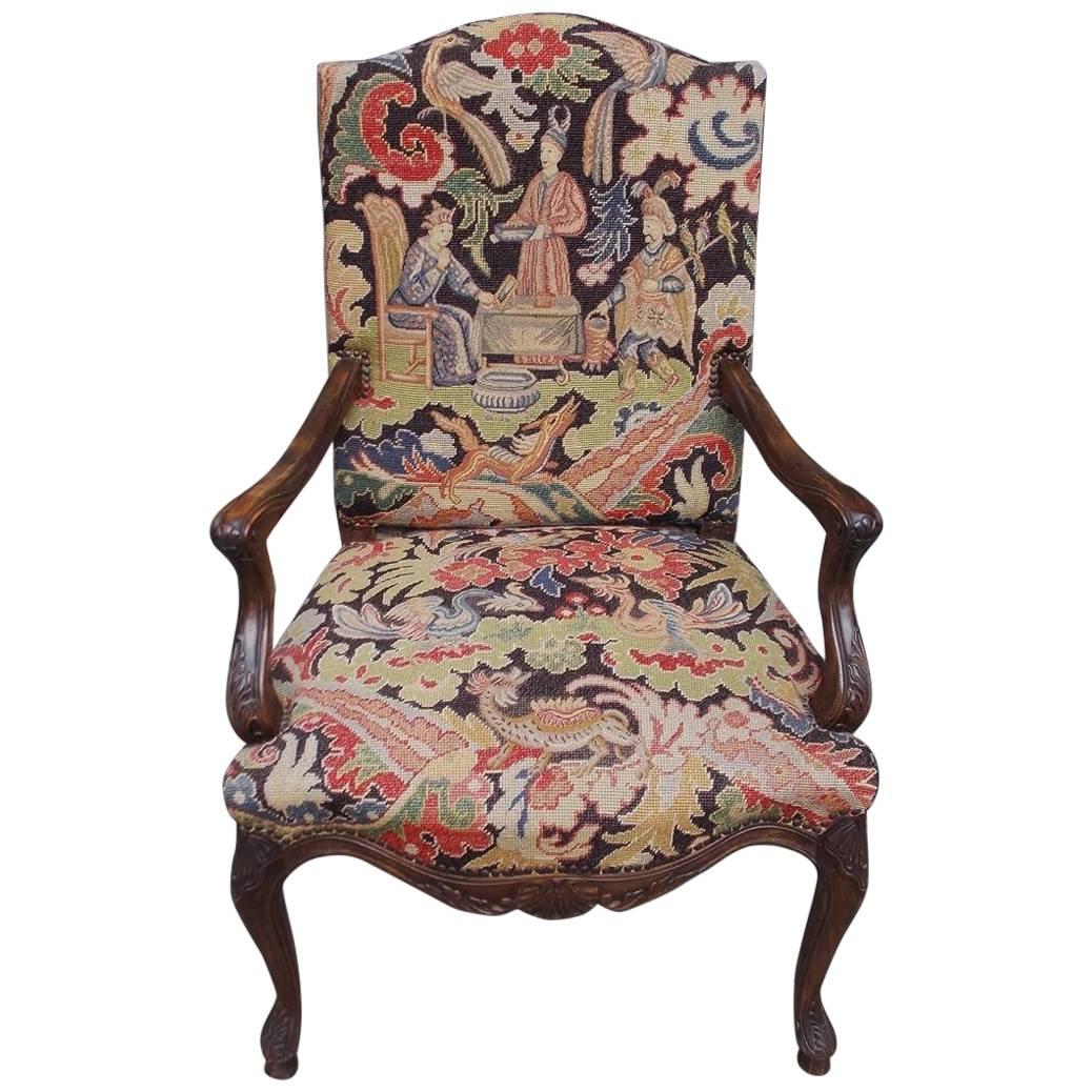 French Walnut Acanthus Armchair with Decorative Figural Needlepoint, Circa 1840