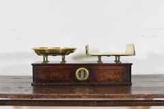 French Walnut and Brass Kilogramme Scale and Weights, Mid-19th Century