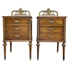French Walnut and Bronze Bedside Tables or Nightstands, Set of 2 French Walnut and Bronze Bedside Tables or Nightstands, Set of 2