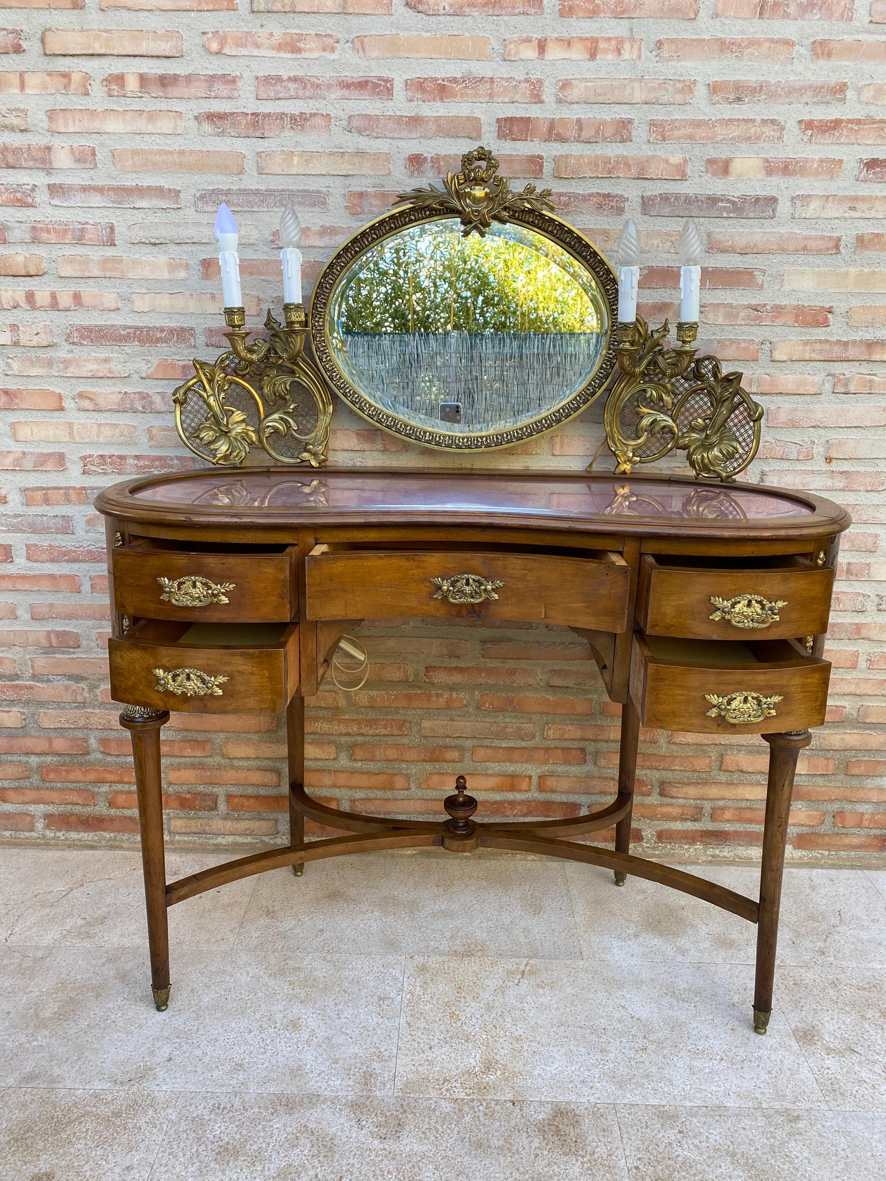Louis XVI French Walnut and Bronze Vanity with Candelabra Arms For Sale