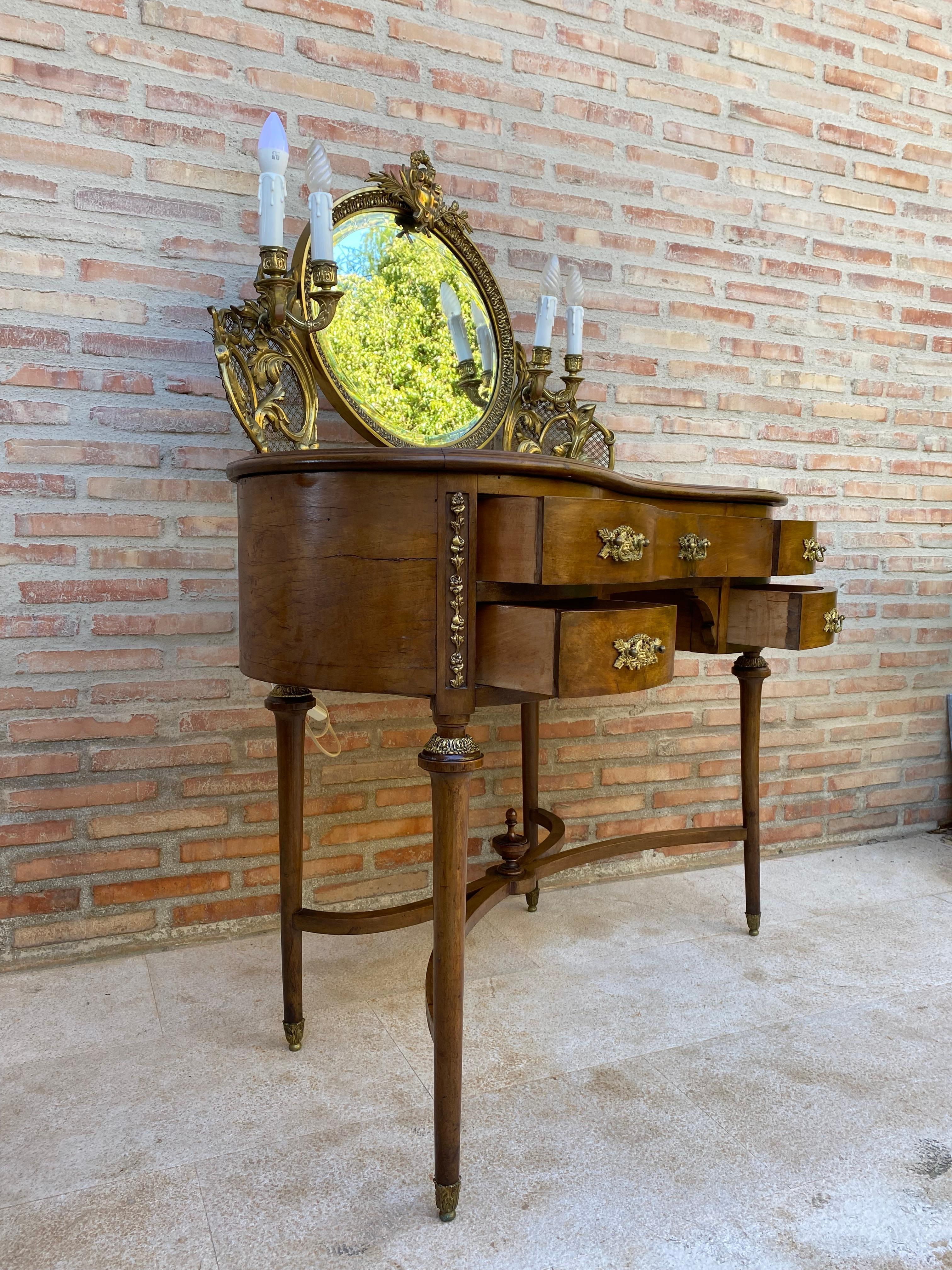 French Walnut and Bronze Vanity with Candelabra Arms In Good Condition For Sale In Miami, FL