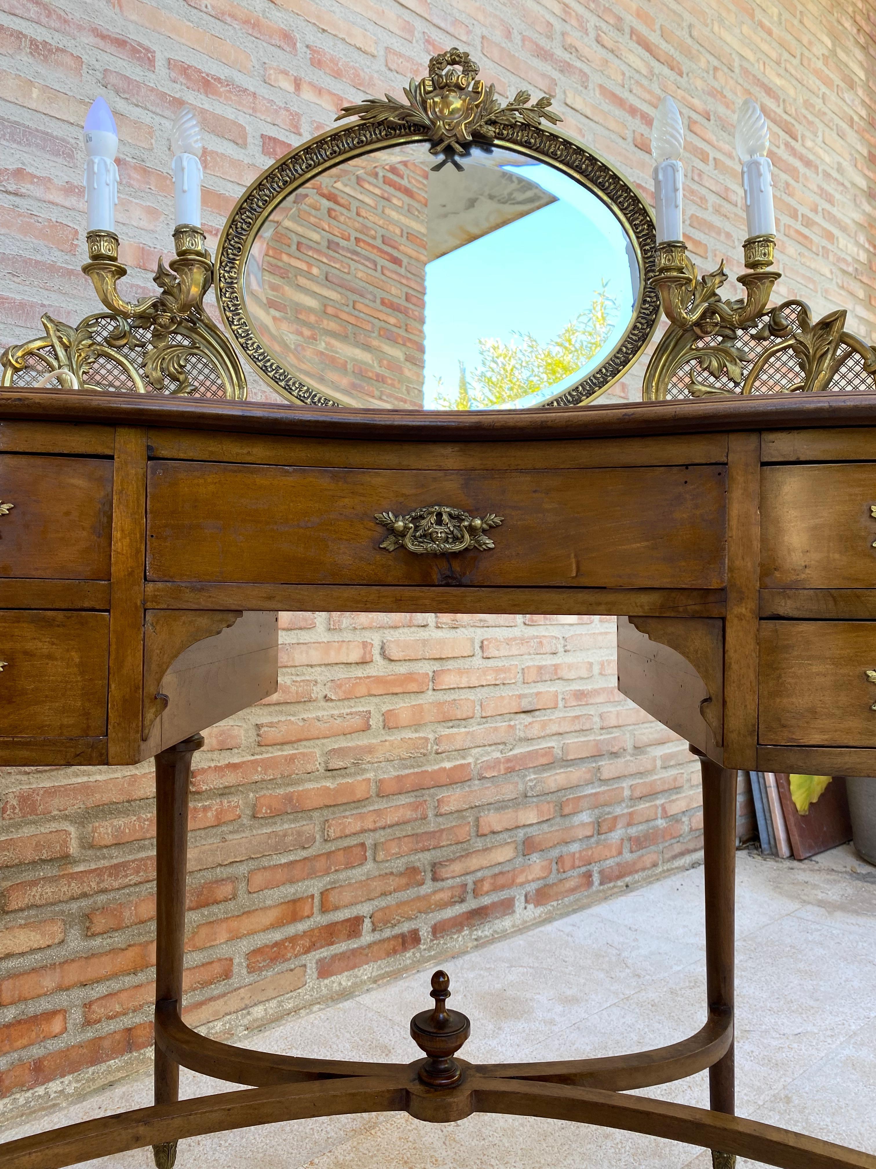 French Walnut and Bronze Vanity with Candelabra Arms In Good Condition For Sale In Miami, FL