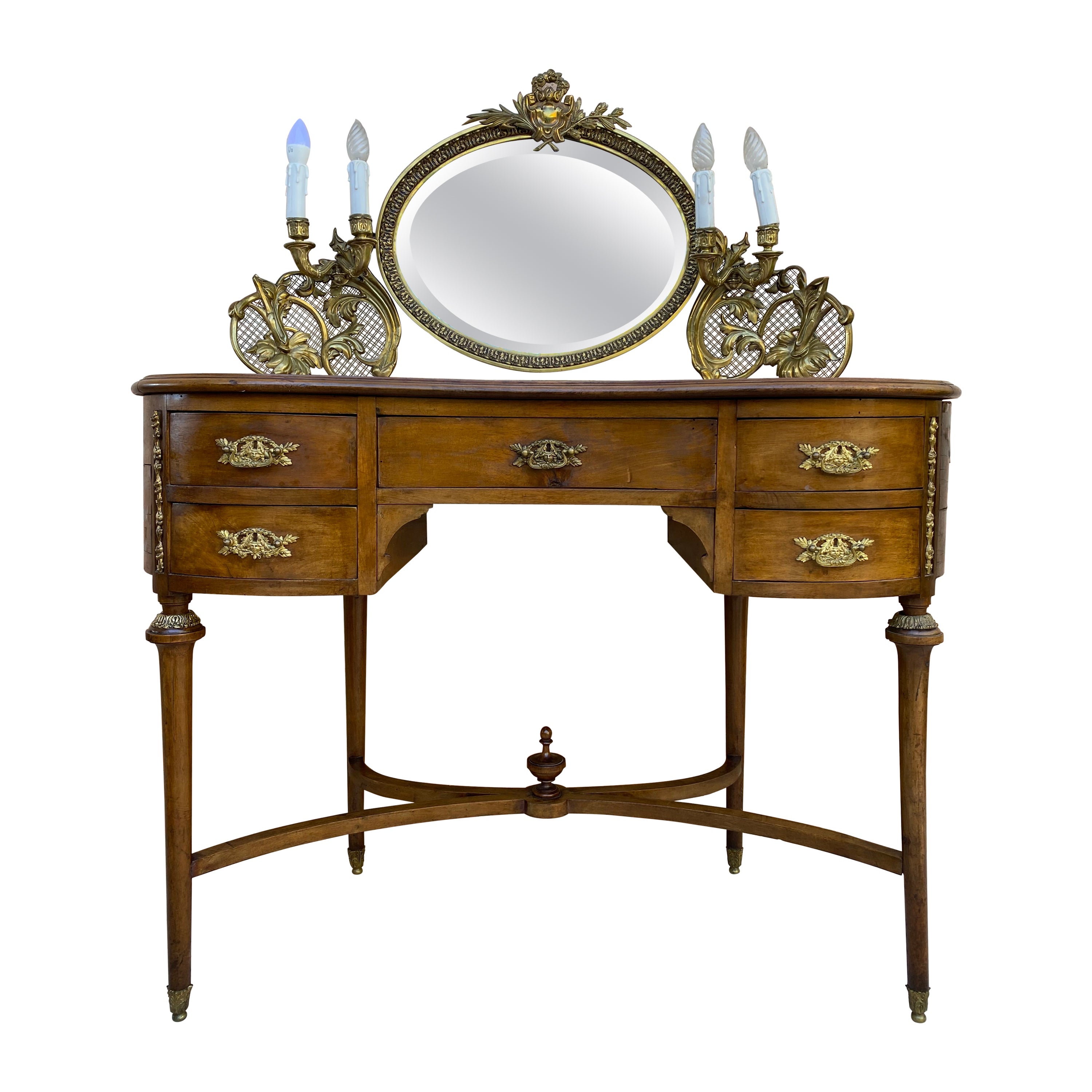 Vanità in noce francese e bronzo con bracci a candelabro