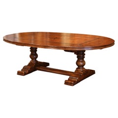 Vintage French Walnut and Chestnut Oval Trestle Dining Room Table with Inlay Decor