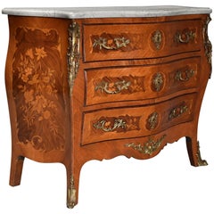 French Walnut and Kingwood Floral Marquetry Serpentine Commode with Marble Top
