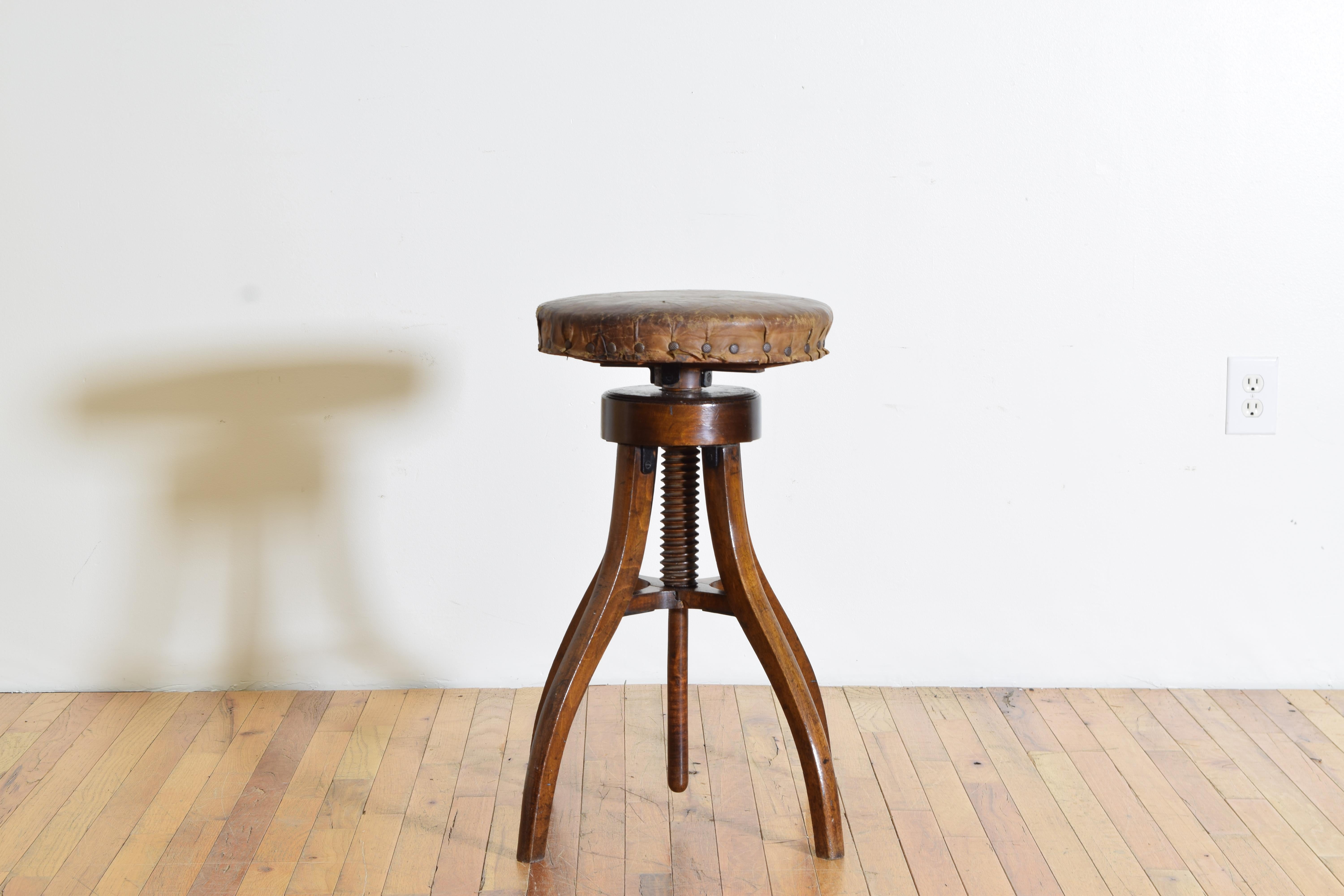 Carved French Walnut and Leather Adjustable Stool, circa 1900 For Sale
