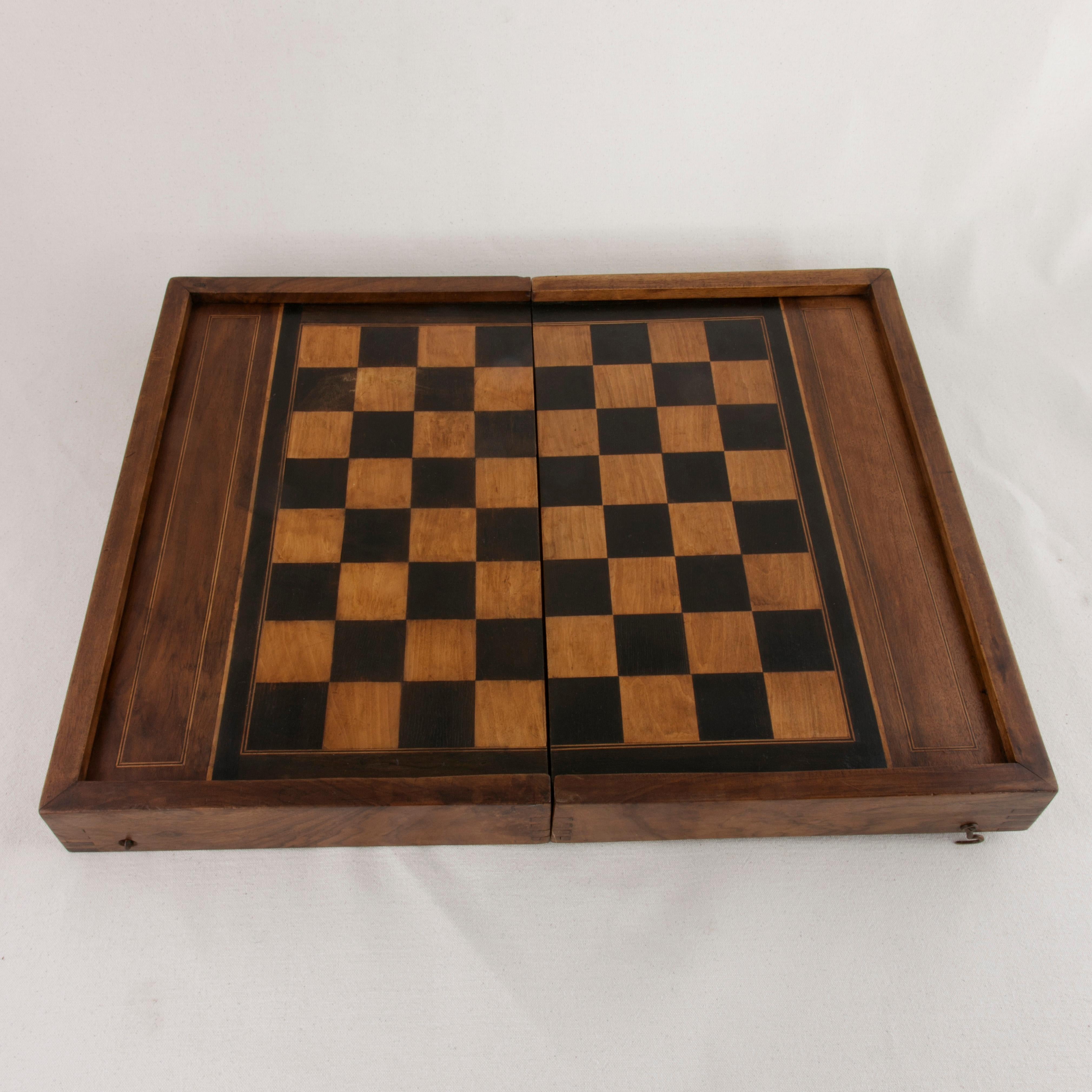 Ebonized French Walnut and Pear Wood Marquetry Backgammon & Checkers Game Box, circa 1900